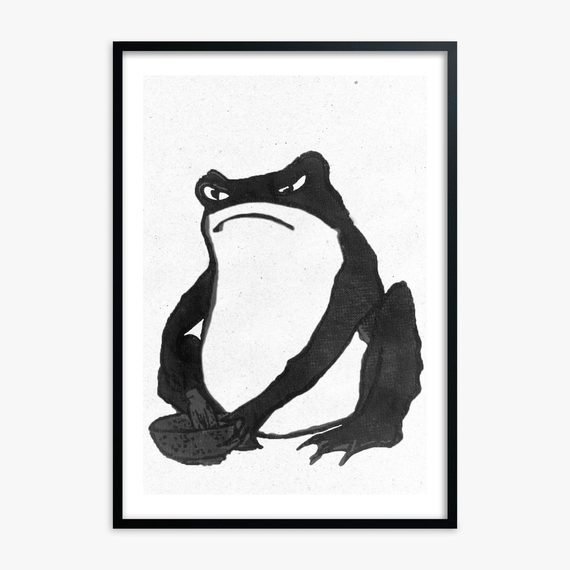 Hiroshige II: Angry frog whisking tea - Monochrome-Style 50x70 cm Art Reproduction With Black Frame