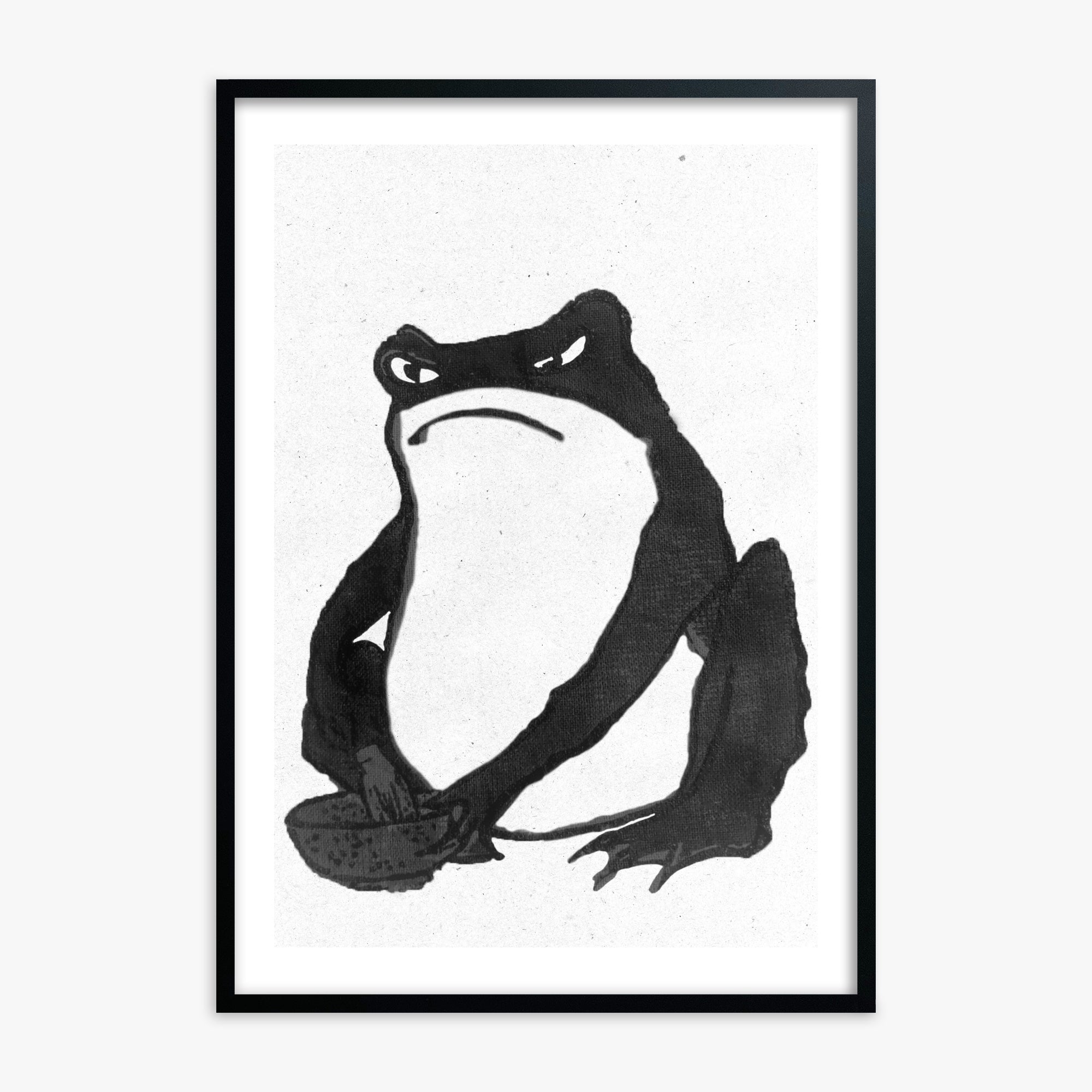 Hiroshige II: Angry frog whisking tea - Monochrome-Style 50x70 cm Art Reproduction With Black Frame