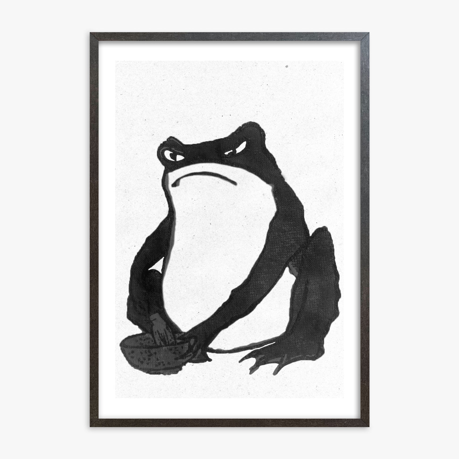 Hiroshige II: Angry frog whisking tea - Monochrome-Style, 70x100cm Framed Art Reproduction With Espresso Frame