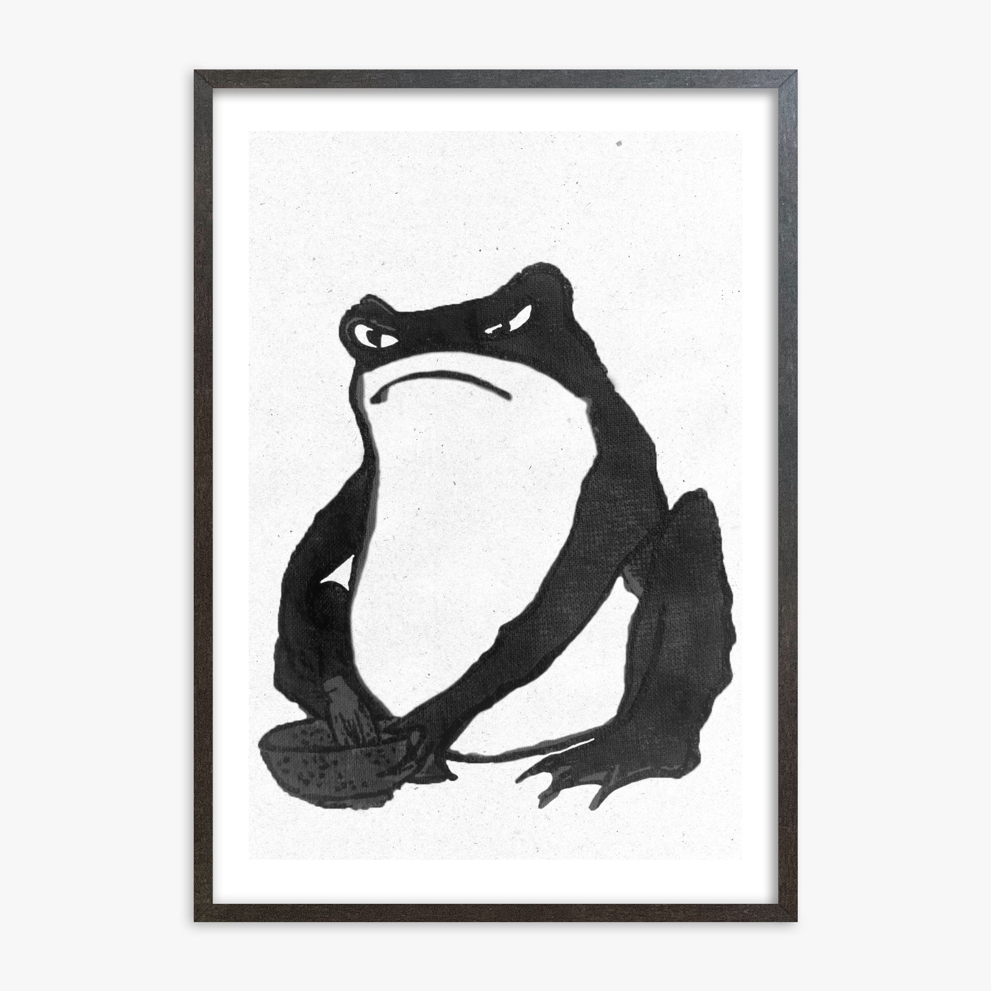 Hiroshige II: Angry frog whisking tea - Monochrome-Style, 70x100cm Framed Art Reproduction With Espresso Frame