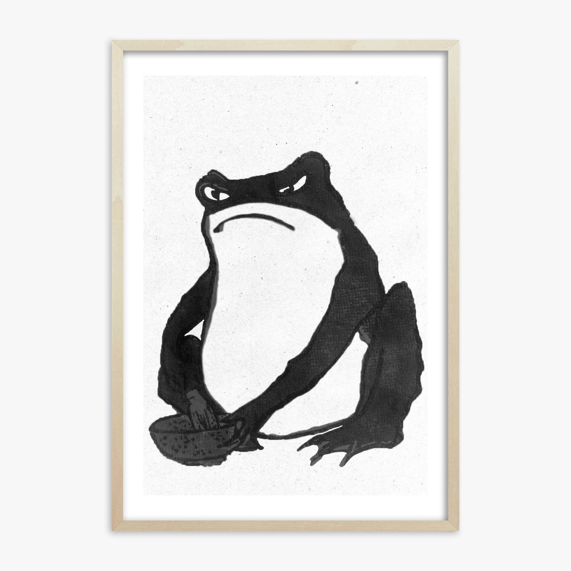 Hiroshige II: Angry frog whisking tea - Monochrome-Style, 70x100cm Framed Art Reproduction With Lime Wood Frame