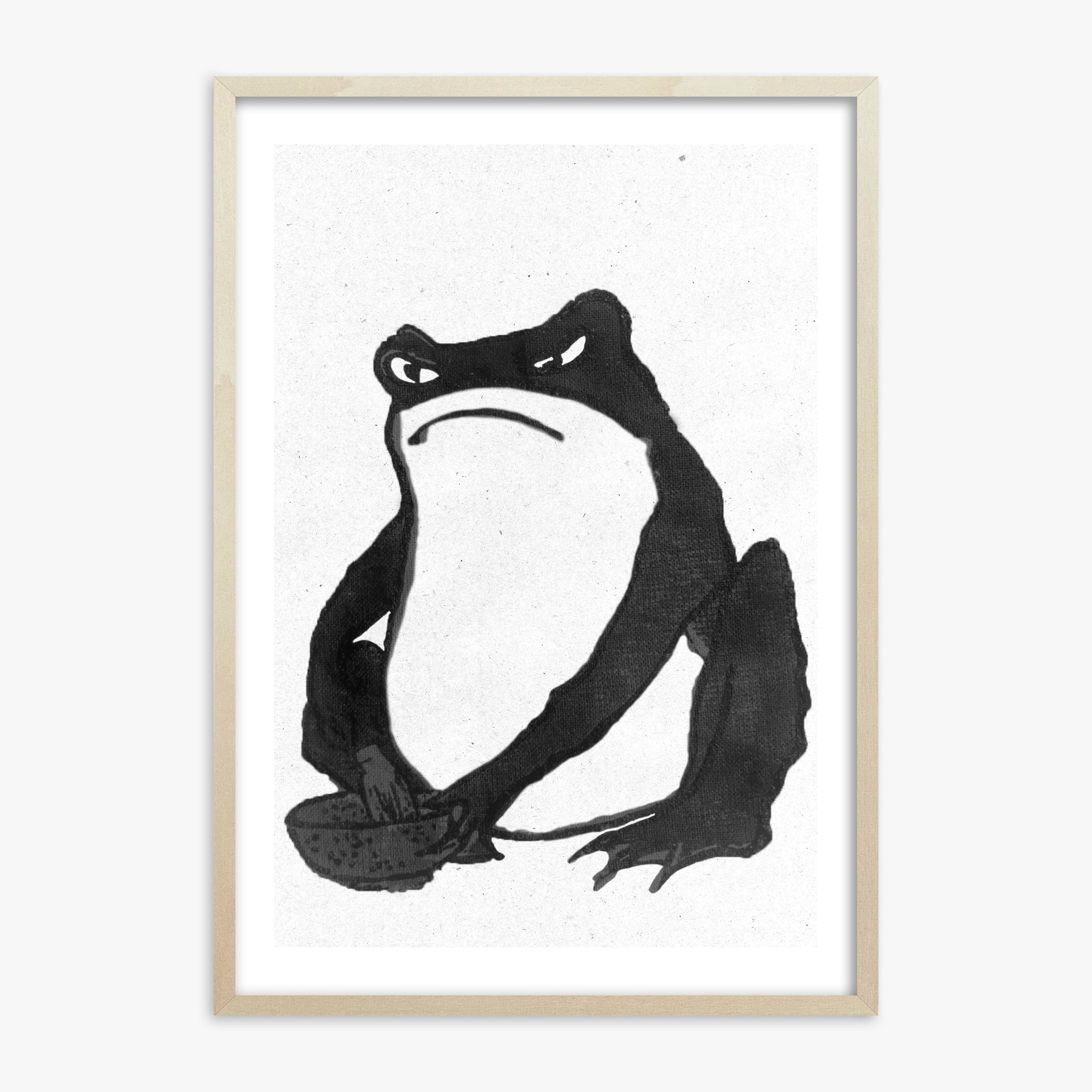 Hiroshige II: Angry frog whisking tea - Monochrome-Style, 70x100cm Framed Art Reproduction With Lime Wood Frame