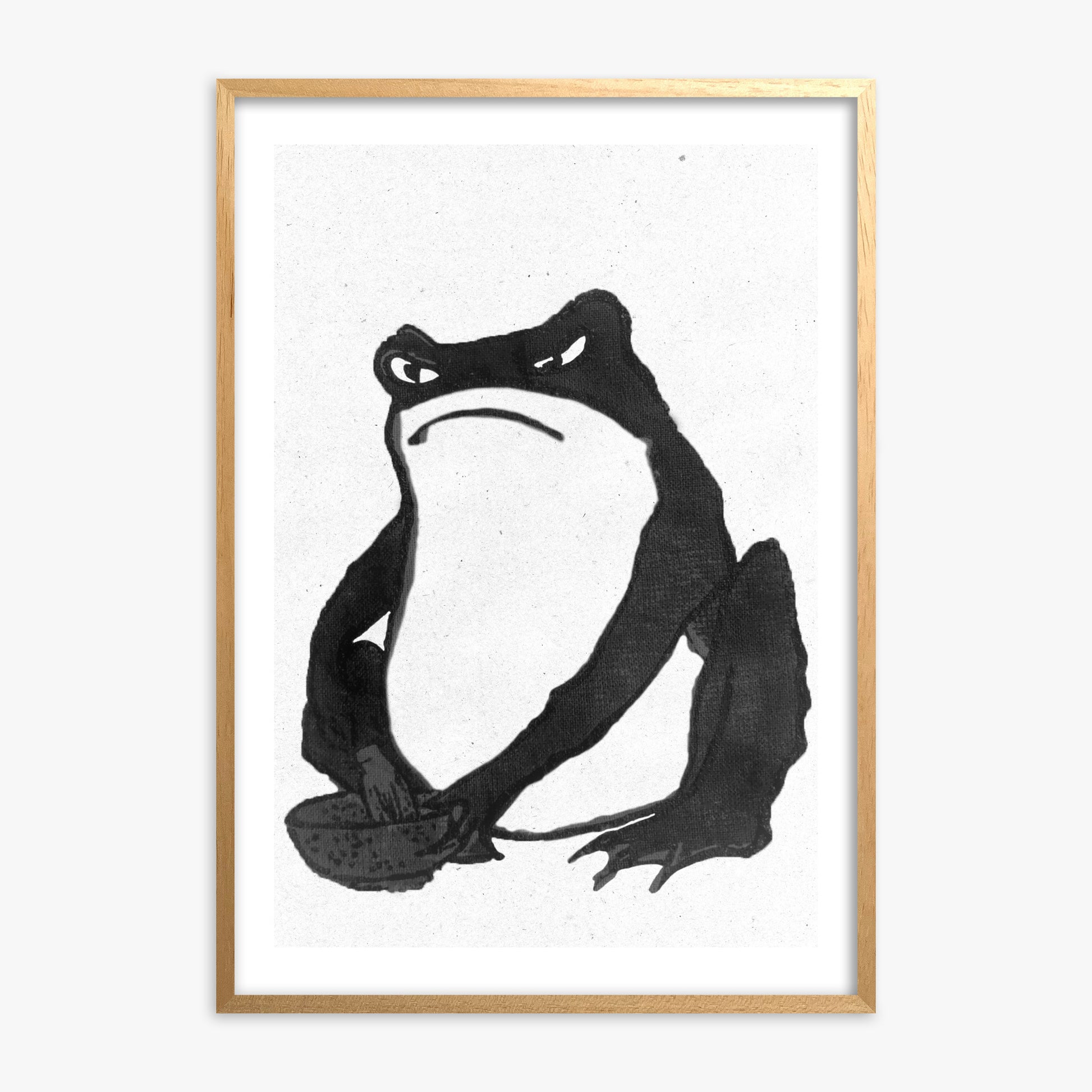 Hiroshige II: Angry frog whisking tea - Monochrome-Style 50x70 cm Art Reproduction With Oak Frame