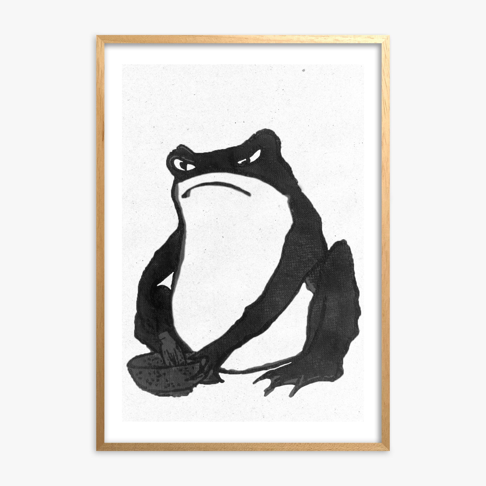 Hiroshige II: Angry frog whisking tea - Monochrome-Style 50x70 cm Art Reproduction With Oak Frame