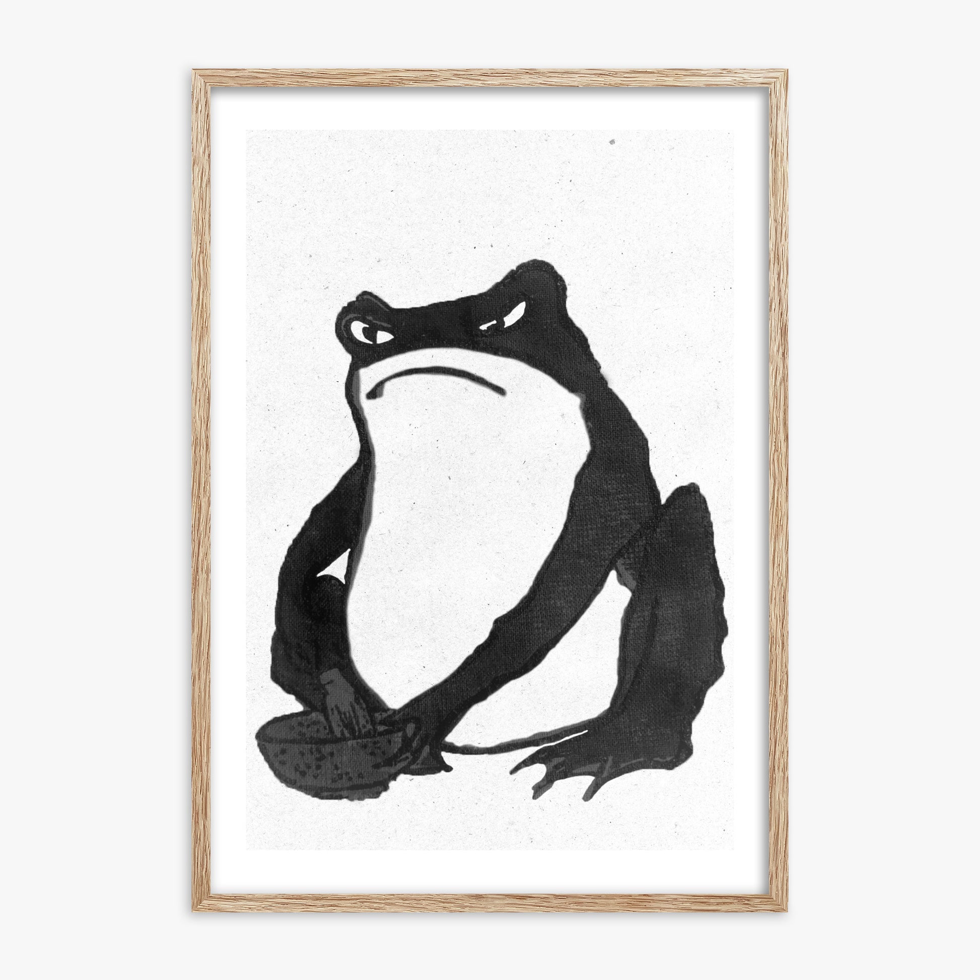 Hiroshige II: Angry frog whisking tea - Monochrome-Style, 70x100cm Framed Art Reproduction With Raw Oak Frame