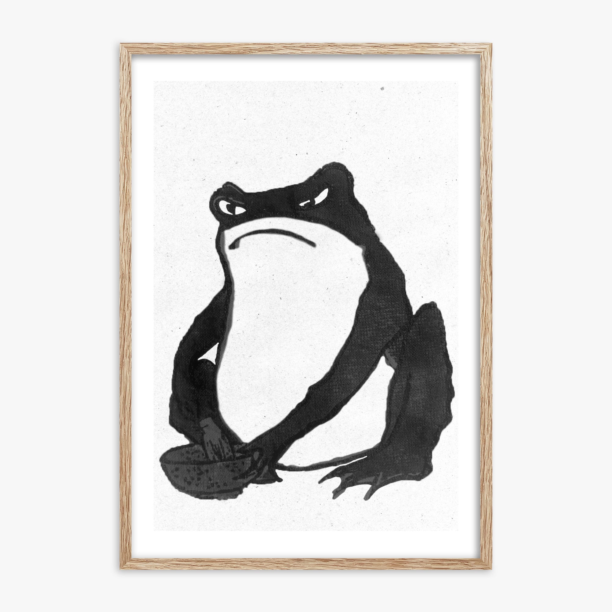 Hiroshige II: Angry frog whisking tea - Monochrome-Style, 70x100cm Framed Art Reproduction With Raw Oak Frame