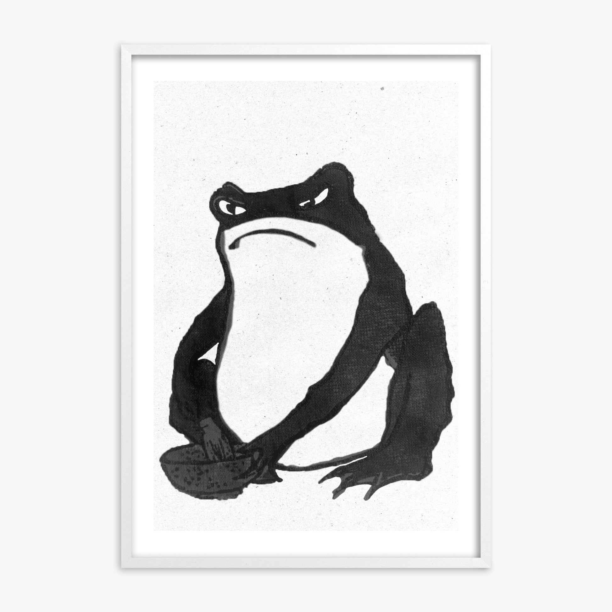 Hiroshige II: Angry frog whisking tea - Monochrome-Style 50x70 cm Art Reproduction With White Frame