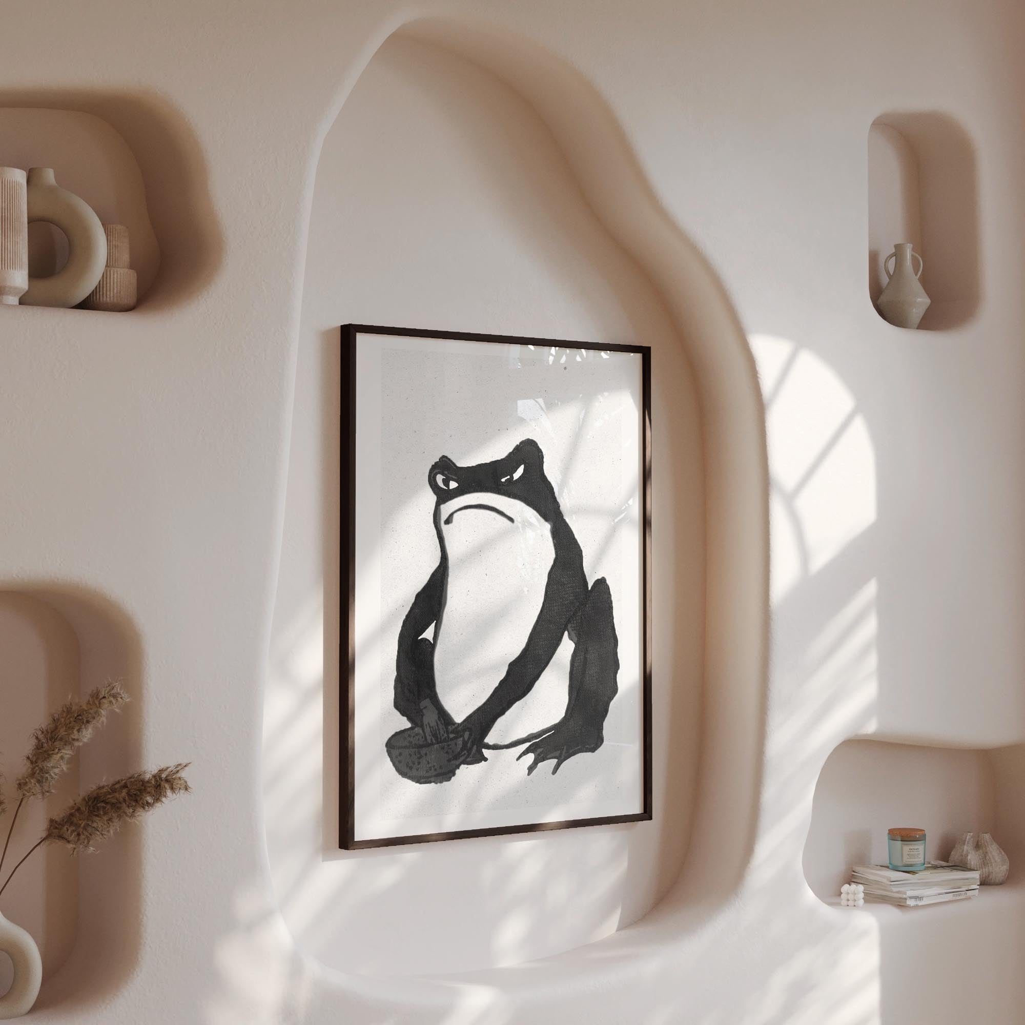 Design concept No. 13 for Hiroshige II: Angry frog whisking tea - Monochrome-Style Japanese Wall Art