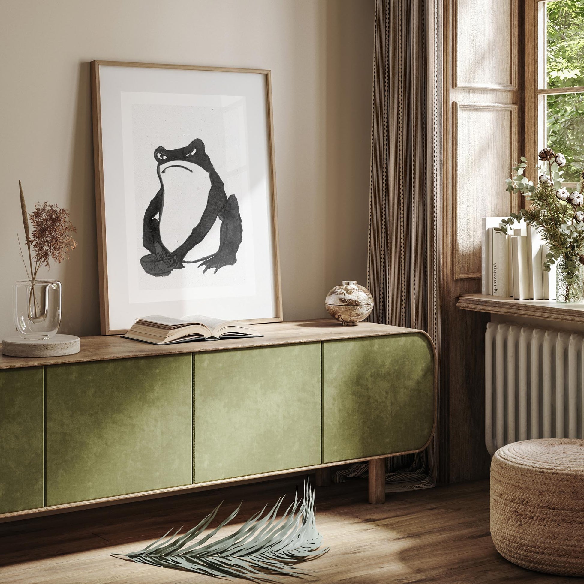 Design concept No. 23 for Hiroshige II: Angry frog whisking tea - Monochrome-Style Japanese Wall Art