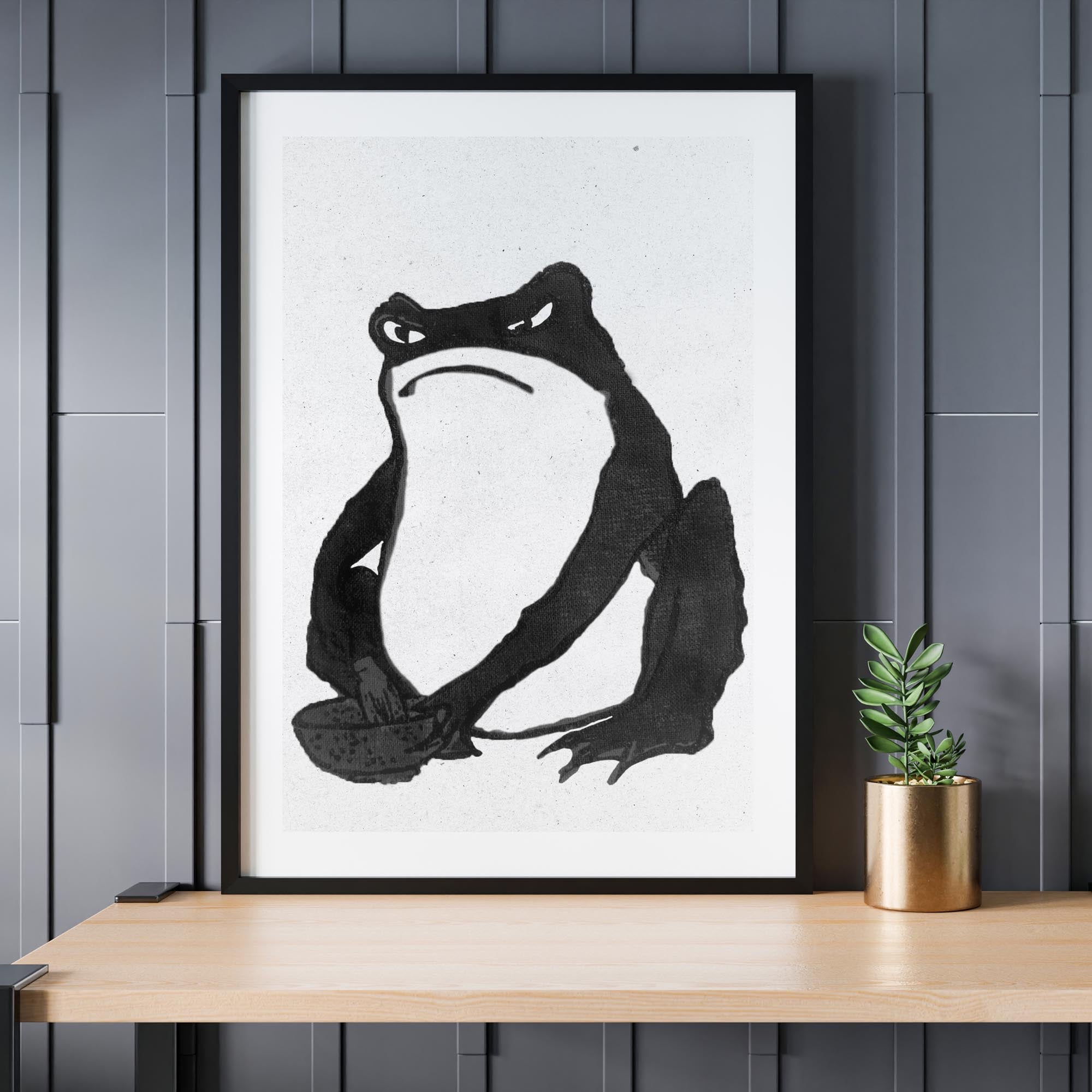 Design concept No. 24 for Hiroshige II: Angry frog whisking tea - Monochrome-Style Japanese Wall Art