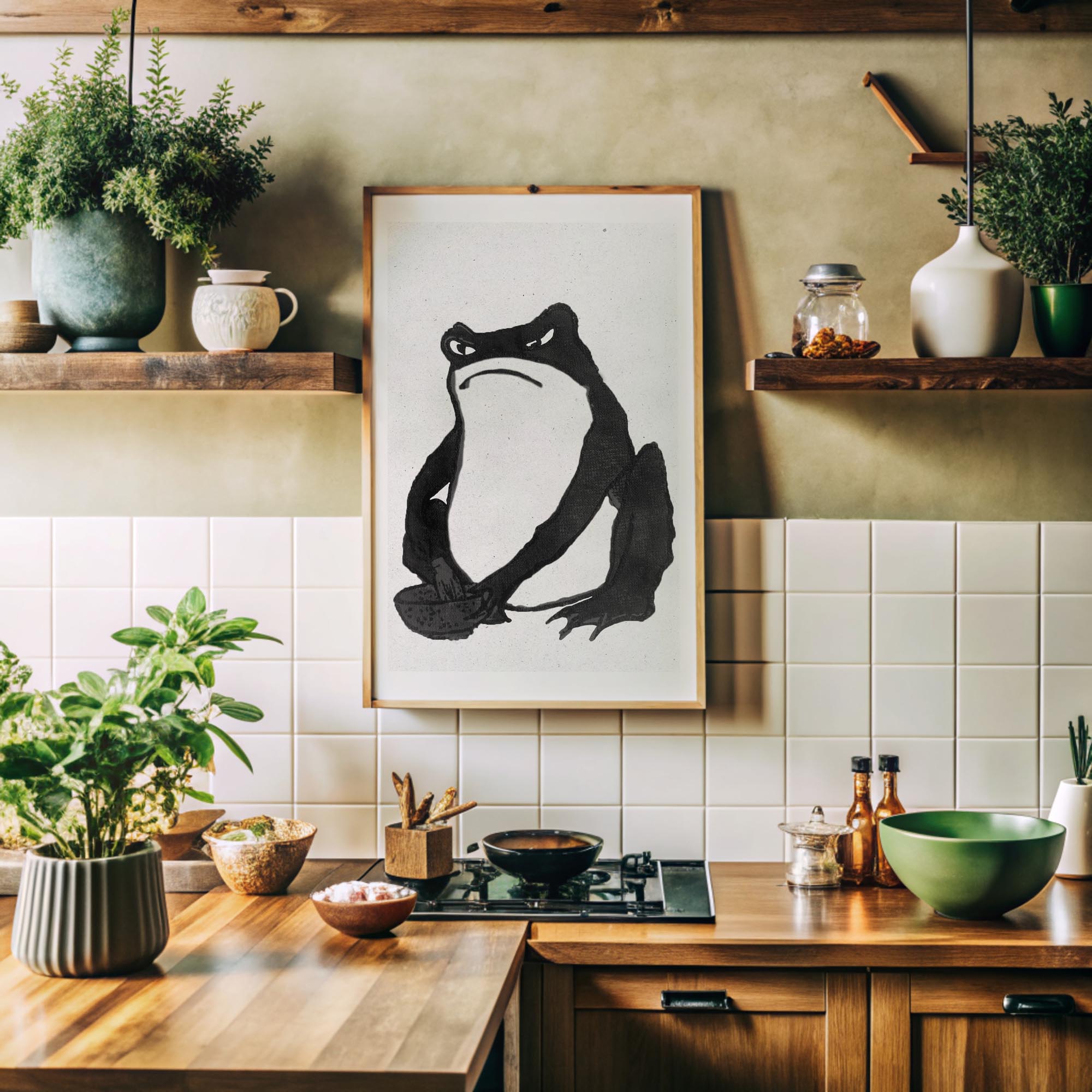 Design concept No. 41 for Hiroshige II: Angry frog whisking tea - Monochrome-Style Japanese Wall Art