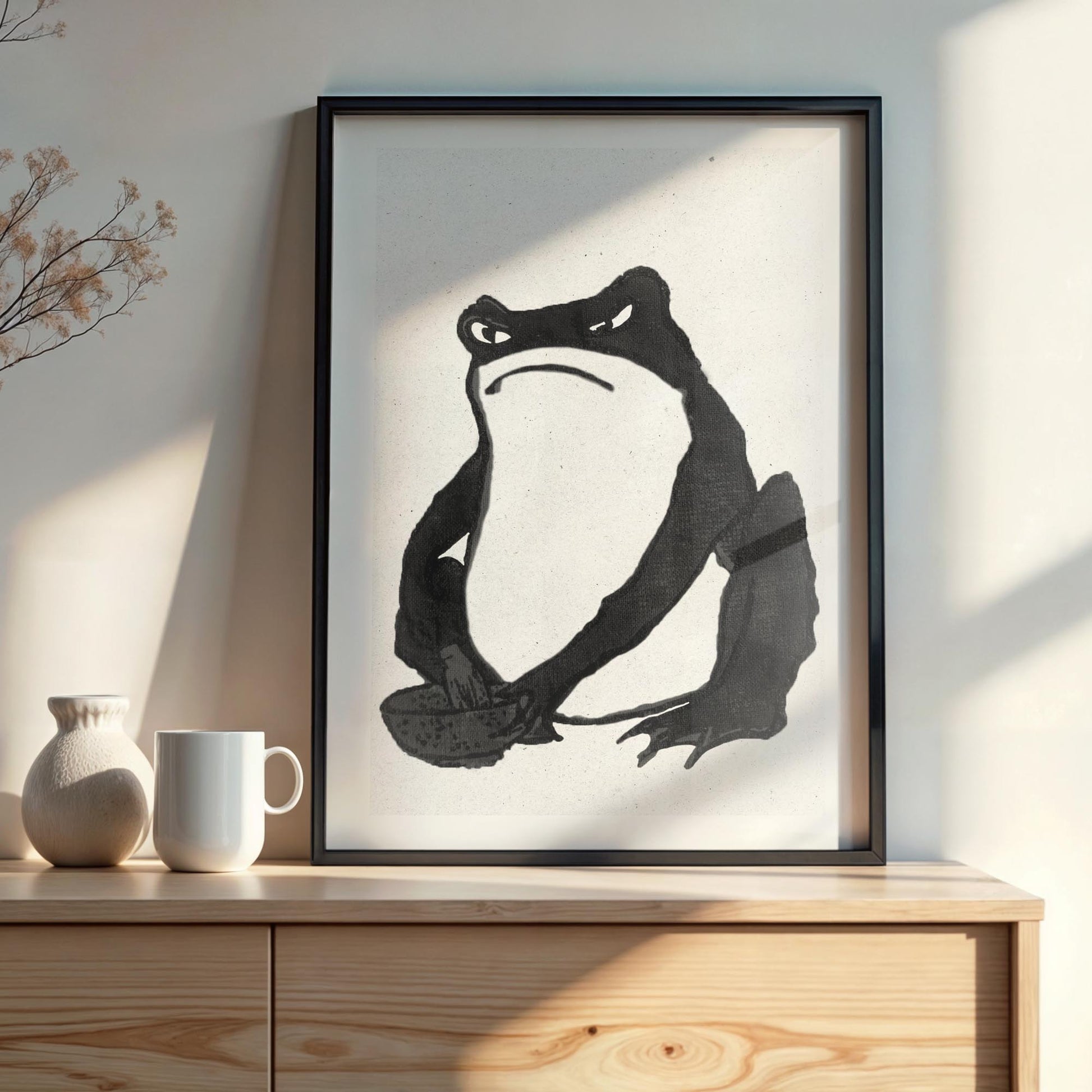 Design concept No. 22 for Hiroshige II: Angry frog whisking tea - Monochrome-Style Japanese Wall Art