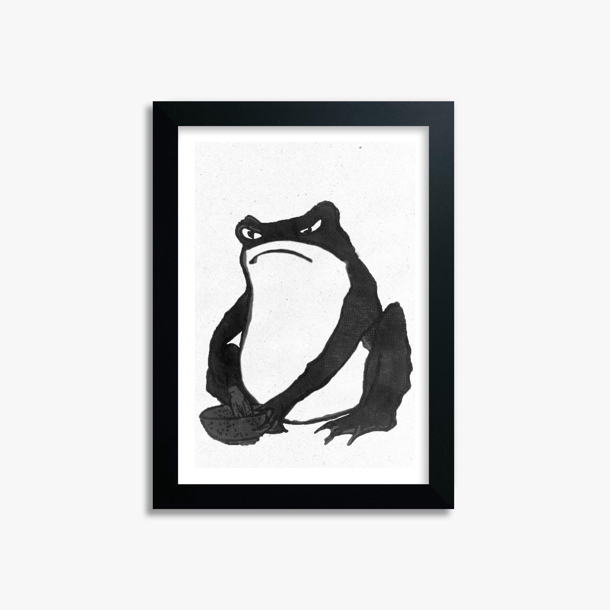 Hiroshige II: Angry frog whisking tea - Monochrome-Style 21x30 cm Art Reproduction With Black Frame
