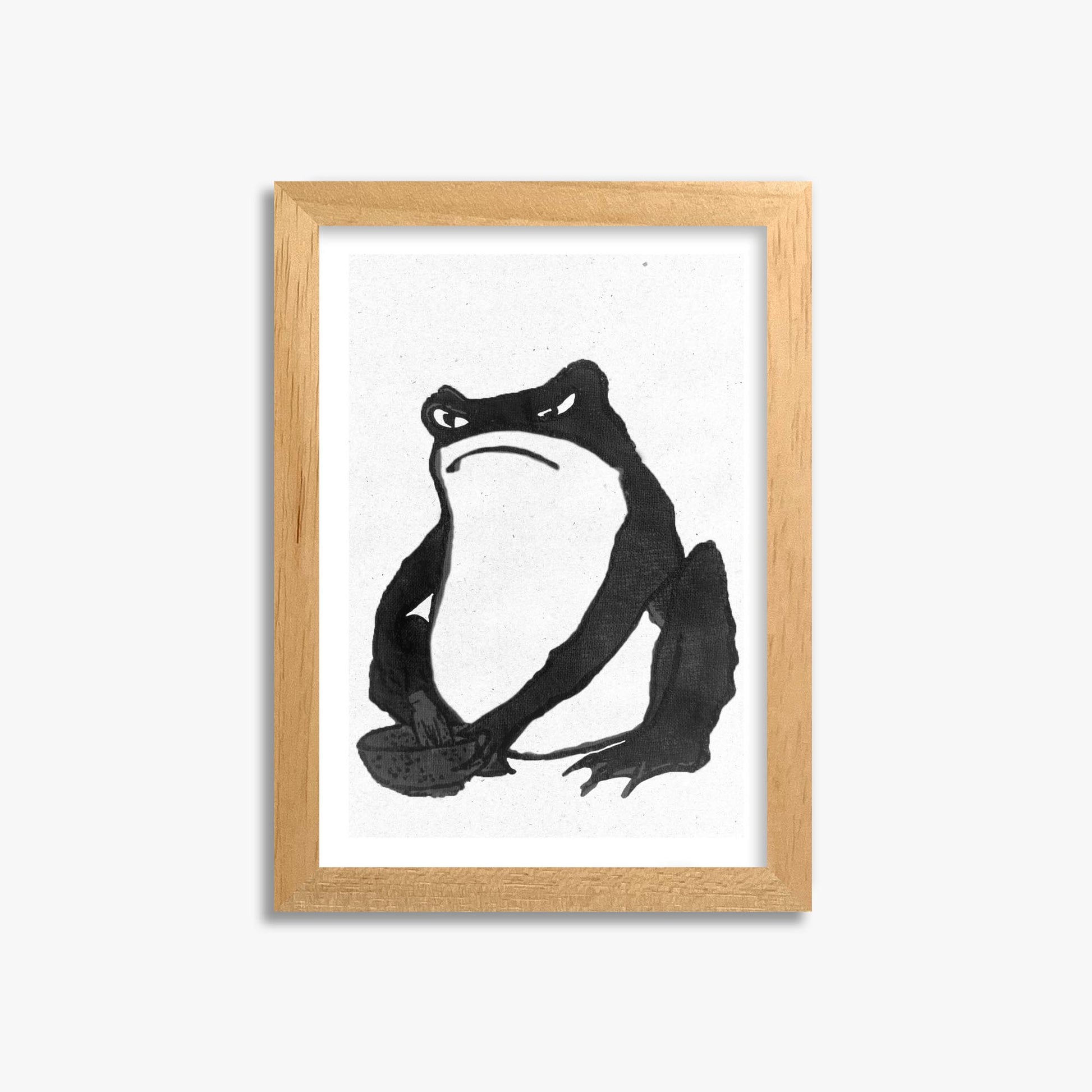 Hiroshige II: Angry frog whisking tea - Monochrome-Style 21x30 cm Art Reproduction With Oak Frame