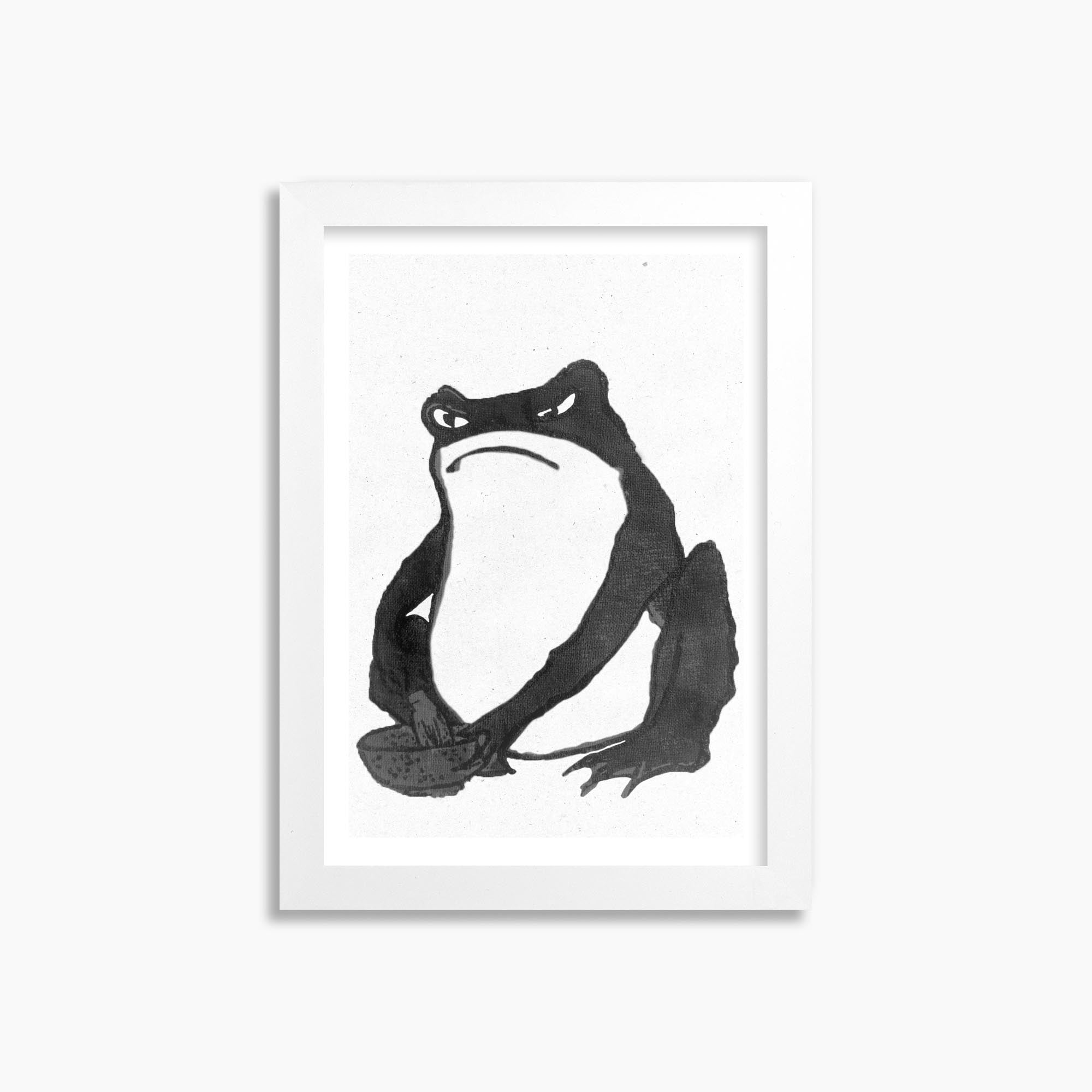 Hiroshige II: Angry frog whisking tea - Monochrome-Style 21x30 cm Art Reproduction With White Frame