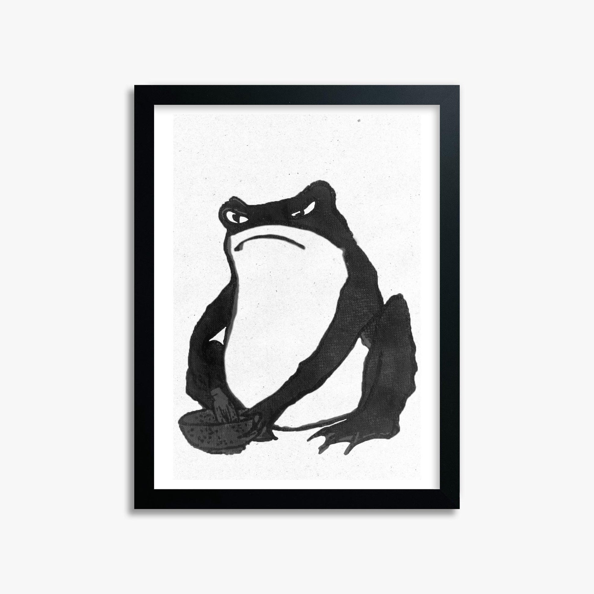 Hiroshige II: Angry frog whisking tea - Monochrome-Style 30x40 cm Art Reproduction With Black Frame