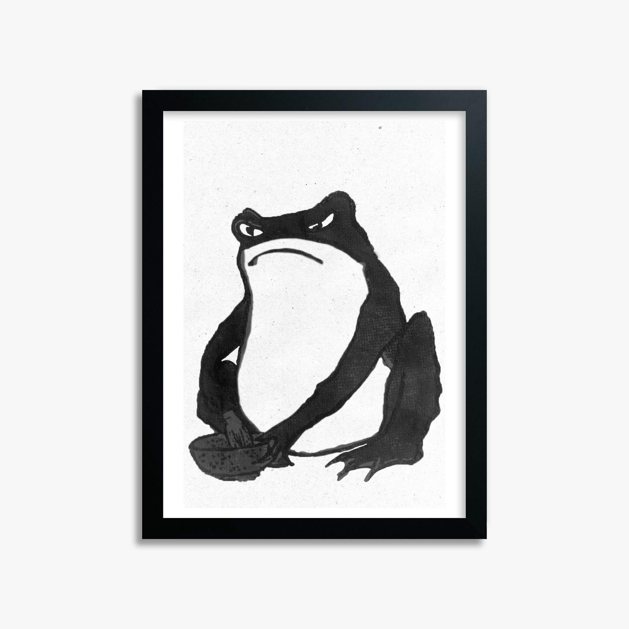 Hiroshige II: Angry frog whisking tea - Monochrome-Style 30x40 cm Art Reproduction With Black Frame