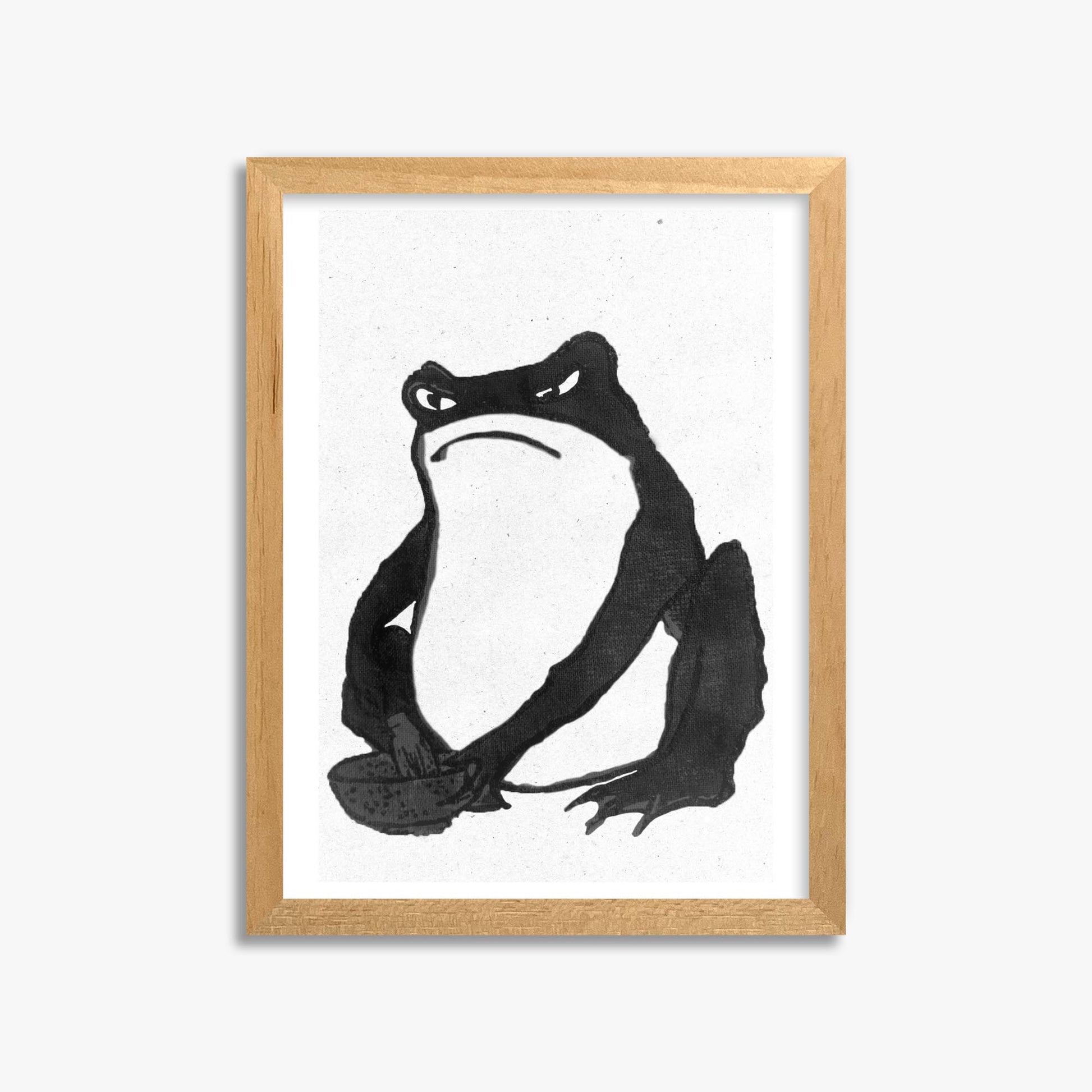 Hiroshige II: Angry frog whisking tea - Monochrome-Style 30x40 cm Art Reproduction With Oak Frame