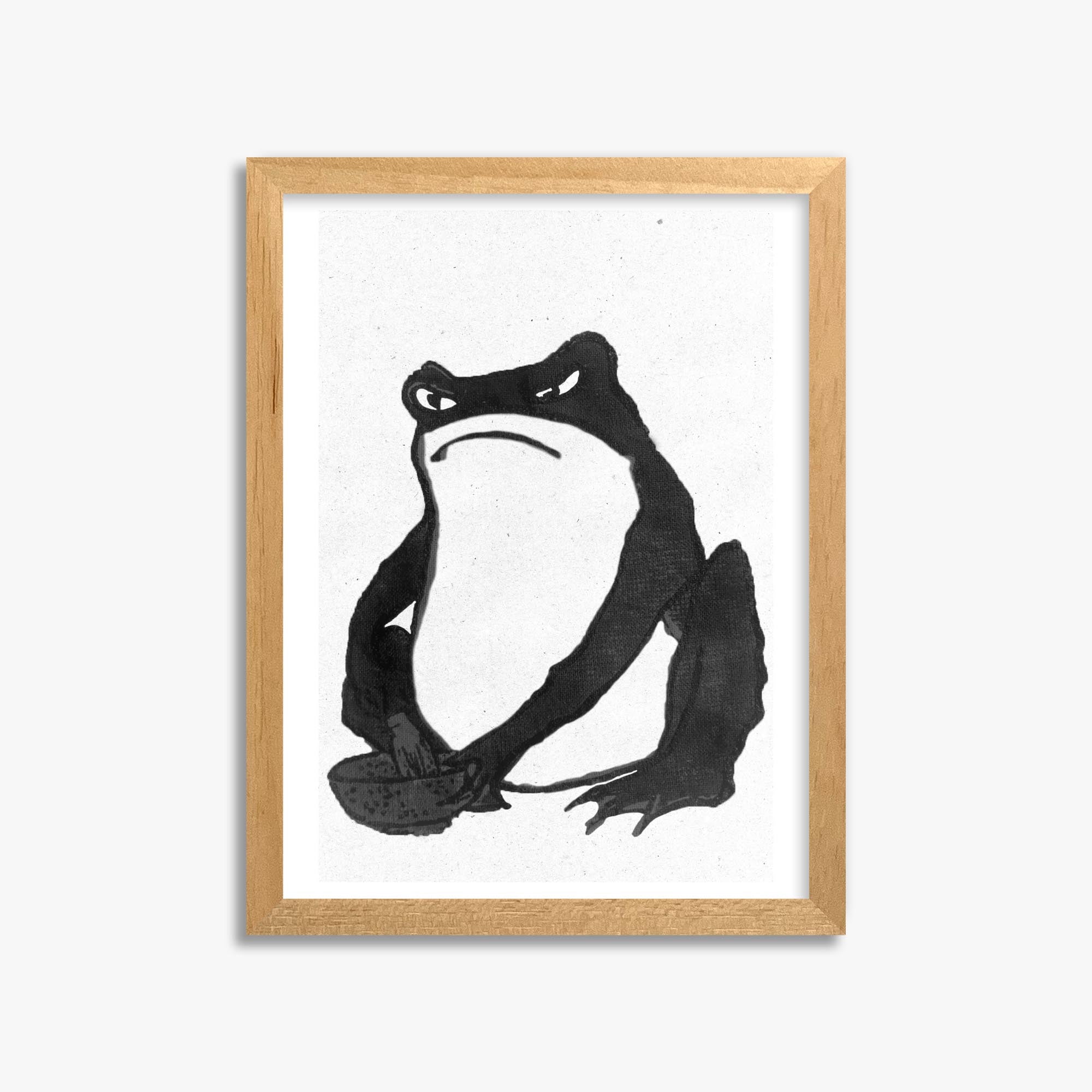 Hiroshige II: Angry frog whisking tea - Monochrome-Style 30x40 cm Art Reproduction With Oak Frame