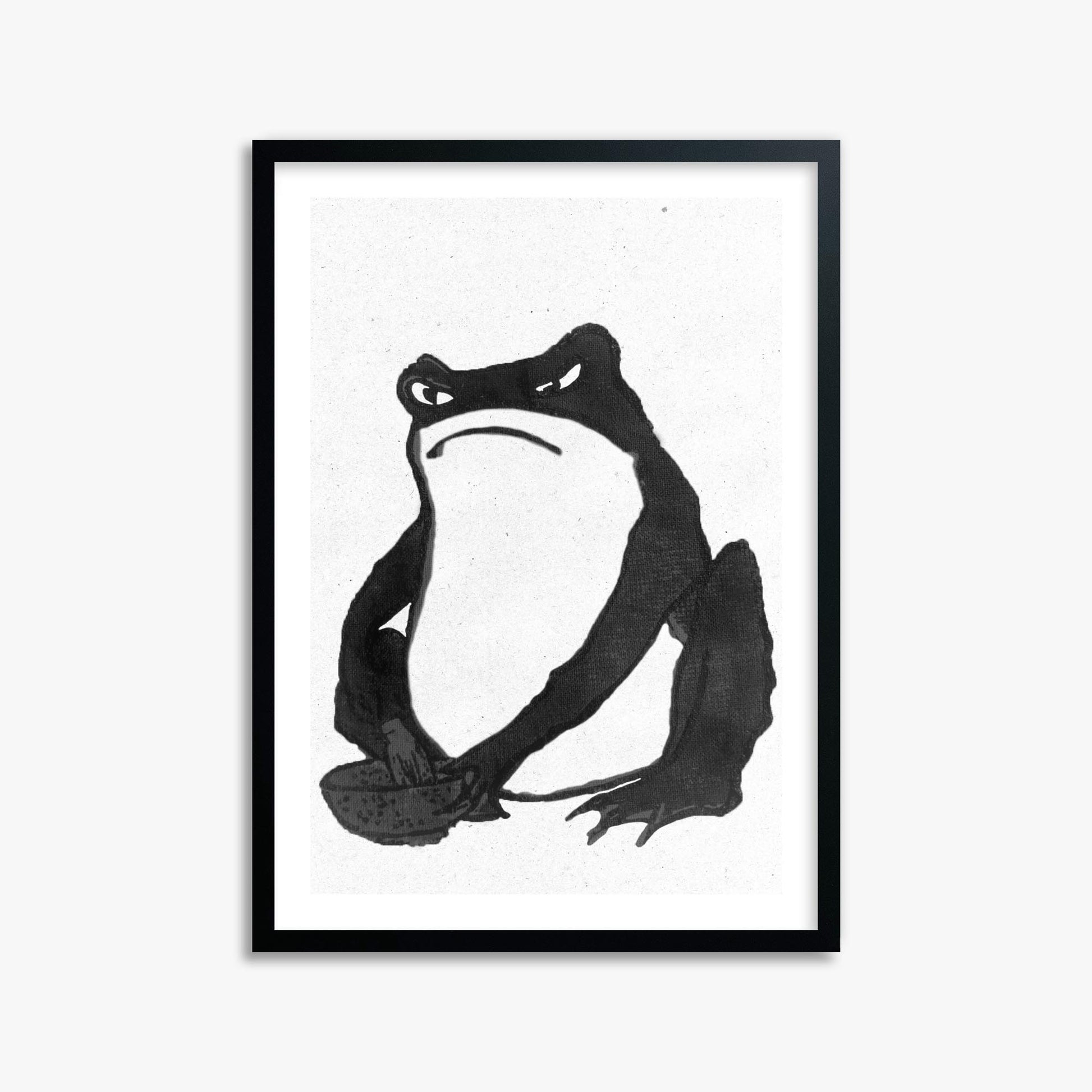 Hiroshige II: Angry frog whisking tea - Monochrome-Style 50x70 cm Art Reproduction With Black Frame