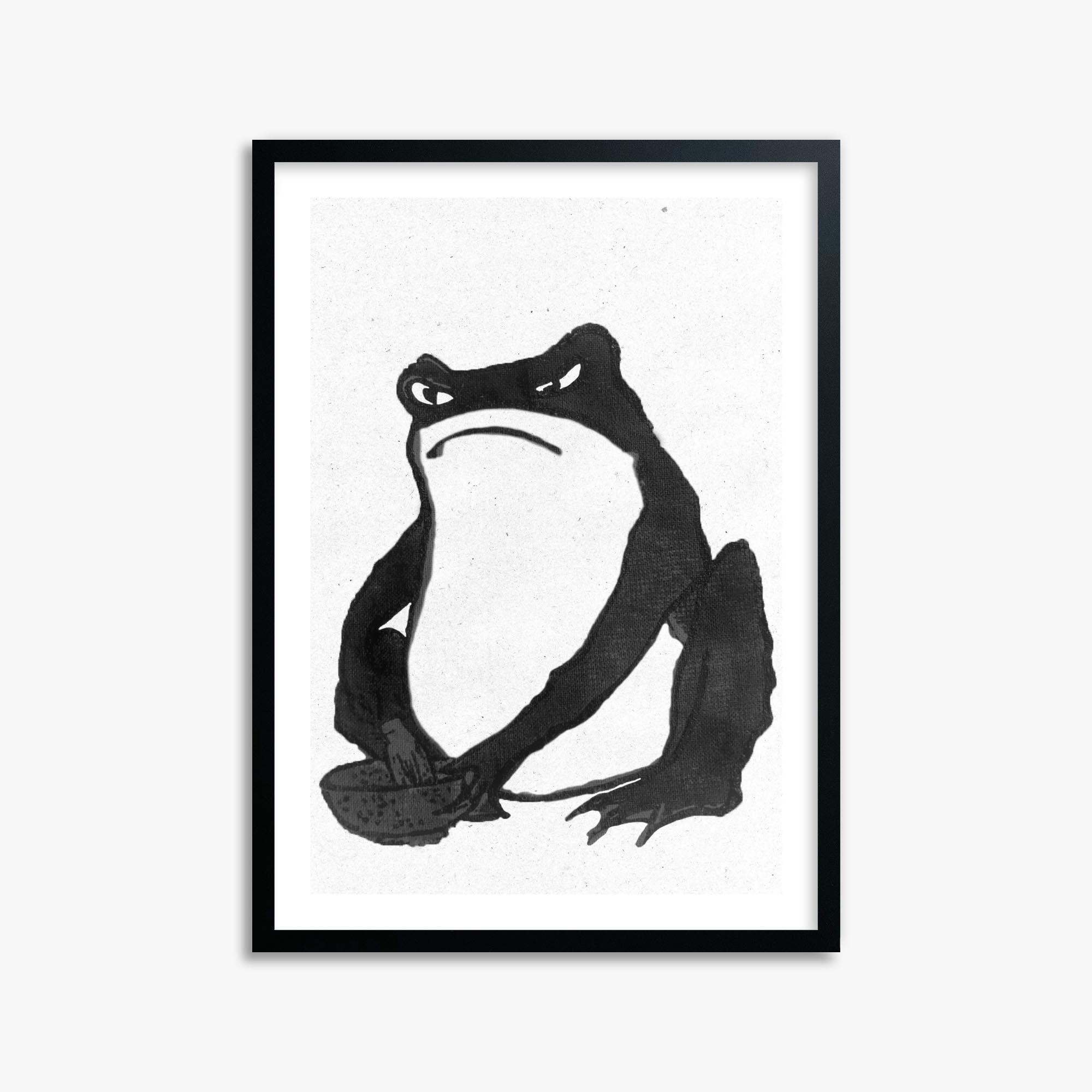 Hiroshige II: Angry frog whisking tea - Monochrome-Style 50x70 cm Art Reproduction With Black Frame