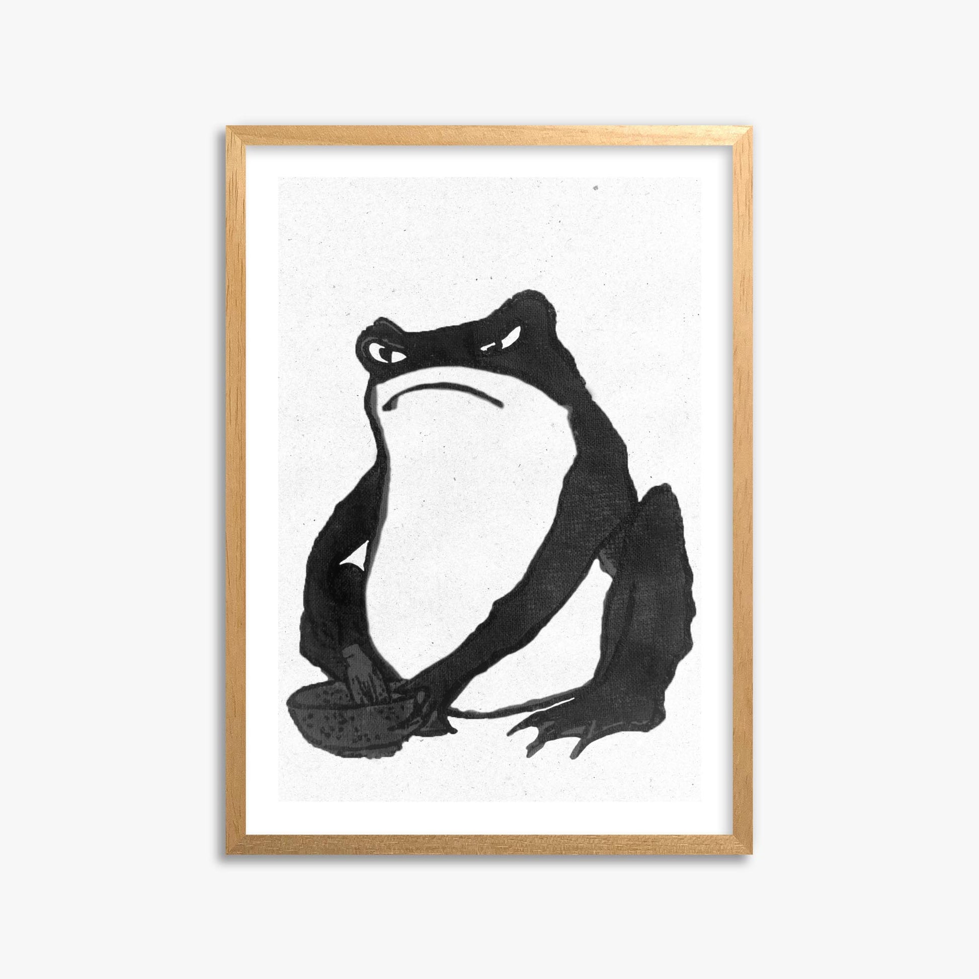 Hiroshige II: Angry frog whisking tea - Monochrome-Style 50x70 cm Art Reproduction With Oak Frame