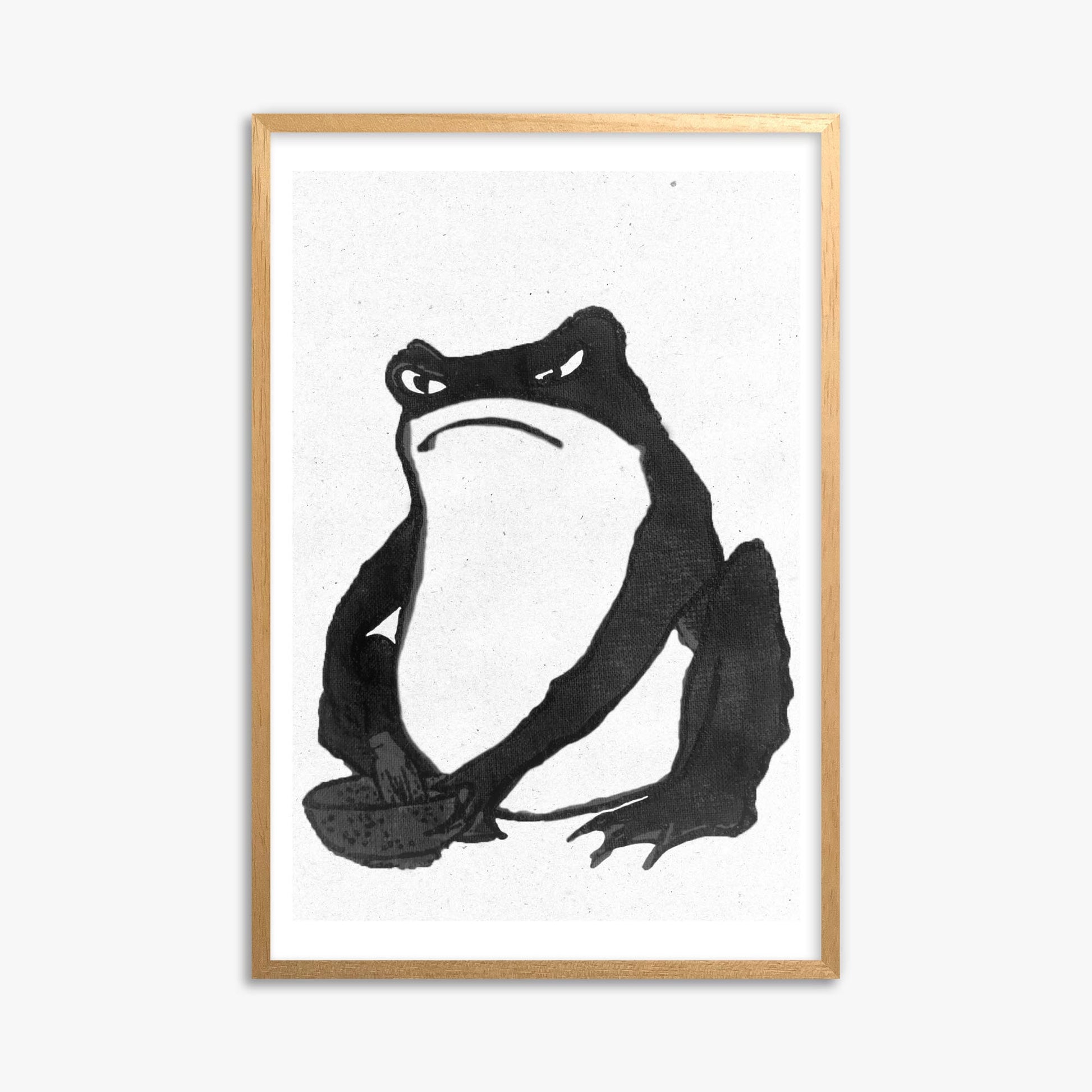 Hiroshige II: Angry frog whisking tea - Monochrome-Style 61x91 cm Art Reproduction With Oak Frame