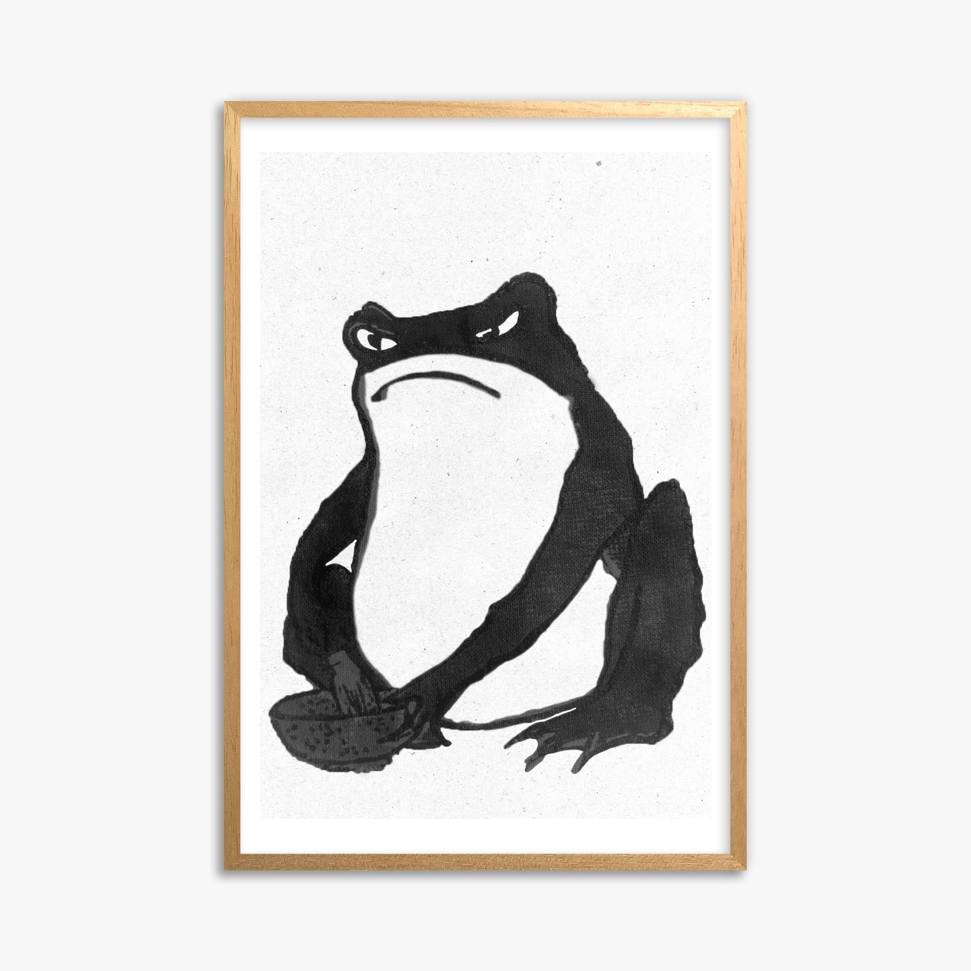 Hiroshige II: Angry frog whisking tea - Monochrome-Style 61x91 cm Art Reproduction With Oak Frame