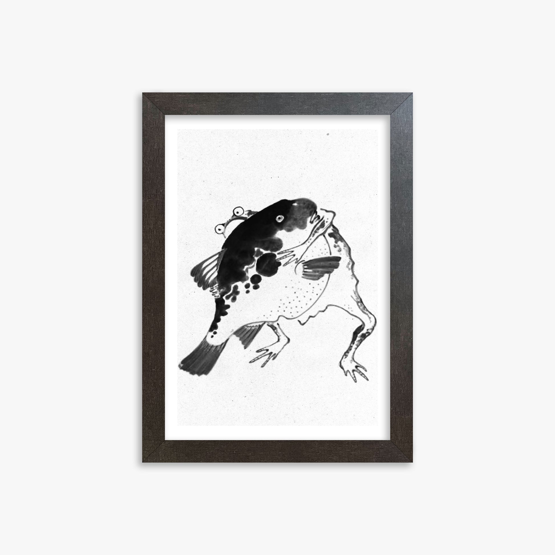 Itō Jakuchū: Toad and puffer fish sumo wrestlers - Monochrome-Style, 21x30cm Framed Art Reproduction With Espresso Frame