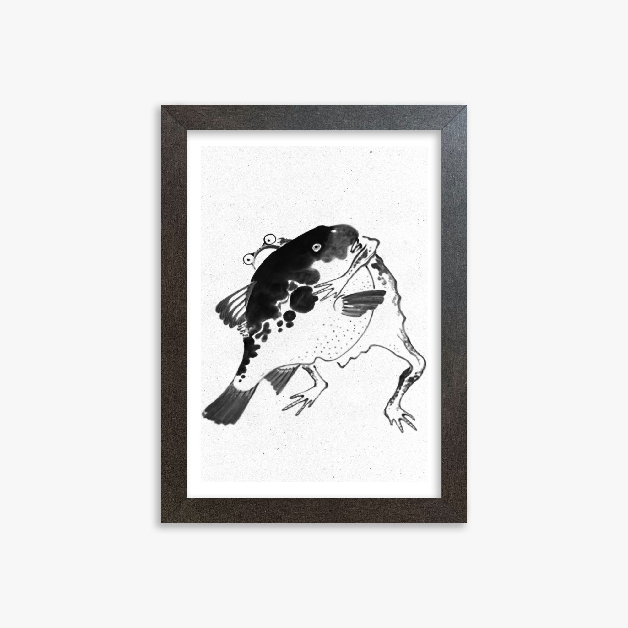 Itō Jakuchū: Toad and puffer fish sumo wrestlers - Monochrome-Style, 21x30cm Framed Art Reproduction With Espresso Frame