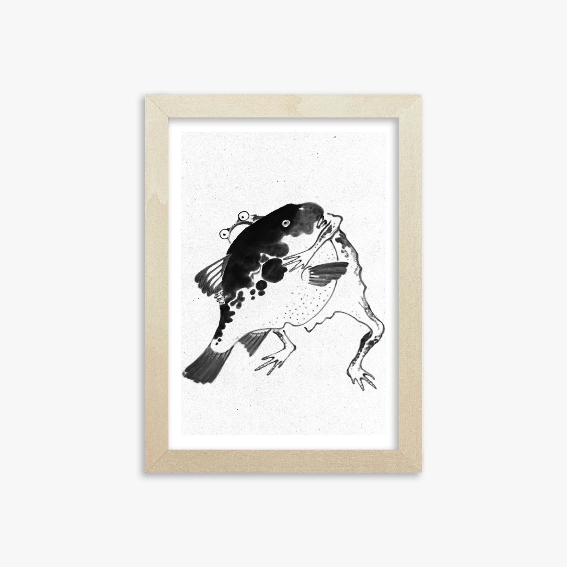Itō Jakuchū: Toad and puffer fish sumo wrestlers - Monochrome-Style, 21x30cm Framed Art Reproduction With Lime Wood Frame