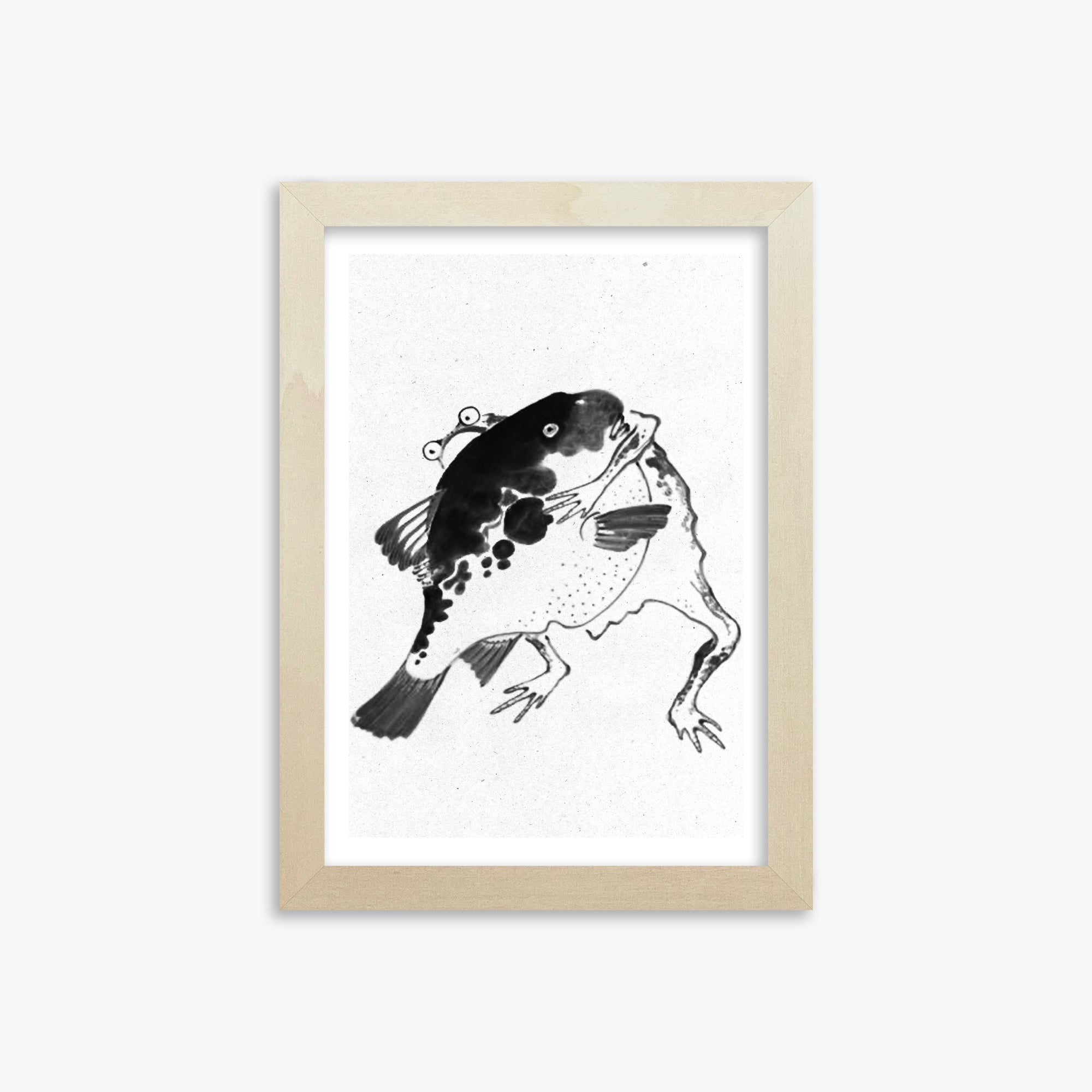 Itō Jakuchū: Toad and puffer fish sumo wrestlers - Monochrome-Style, 21x30cm Framed Art Reproduction With Lime Wood Frame