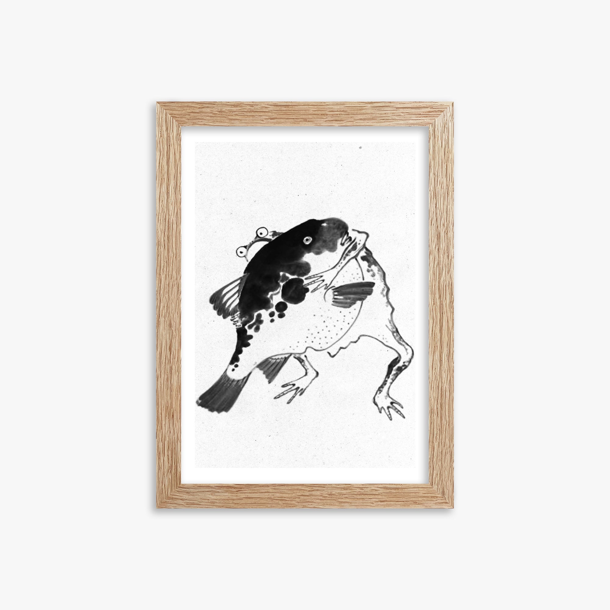 Itō Jakuchū: Toad and puffer fish sumo wrestlers - Monochrome-Style, 21x30cm Framed Art Reproduction With Raw Oak Frame