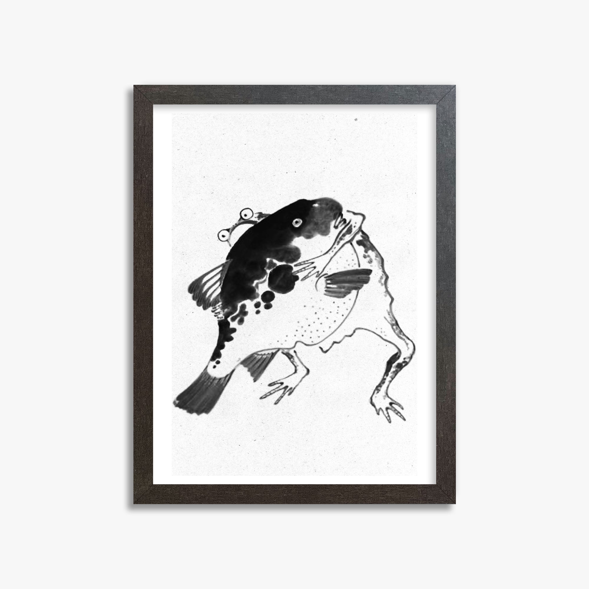 Itō Jakuchū: Toad and puffer fish sumo wrestlers - Monochrome-Style, 30x40cm Framed Art Reproduction With Espresso Frame