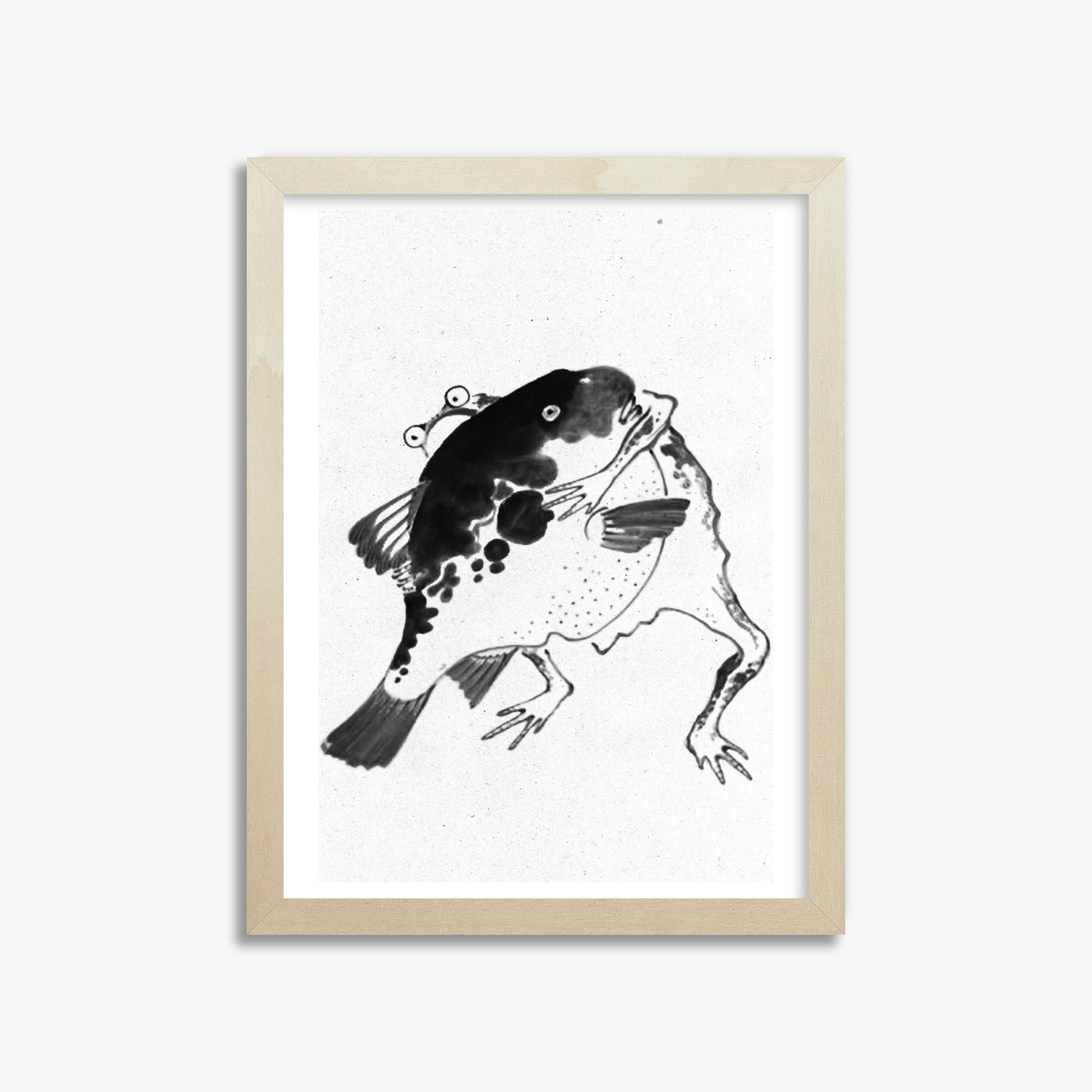 Itō Jakuchū: Toad and puffer fish sumo wrestlers - Monochrome-Style, 30x40cm Framed Art Reproduction With Lime Wood Frame