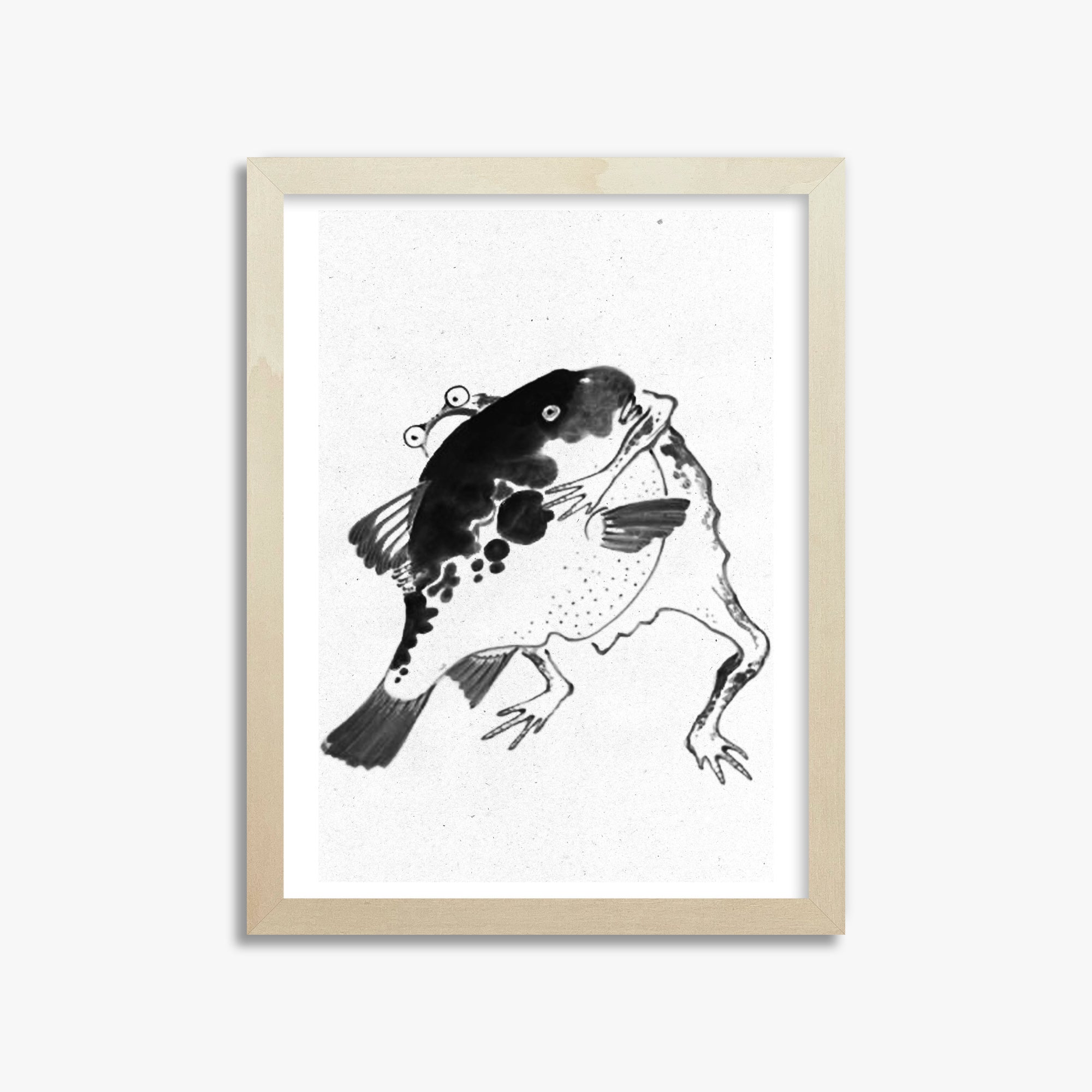 Itō Jakuchū: Toad and puffer fish sumo wrestlers - Monochrome-Style, 30x40cm Framed Art Reproduction With Lime Wood Frame