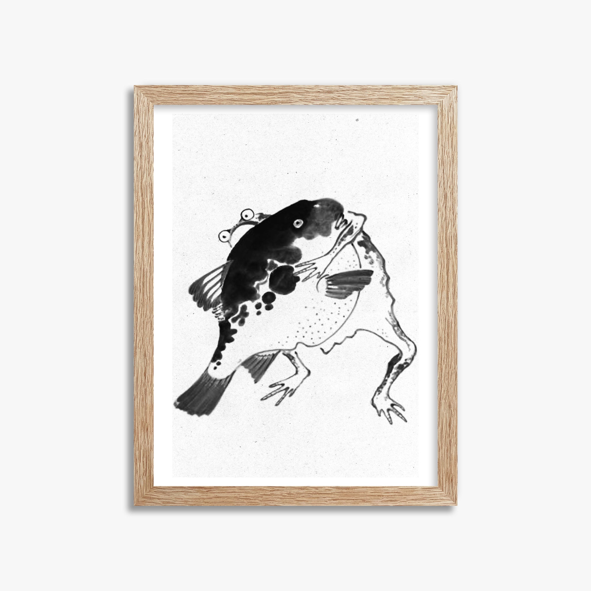 Itō Jakuchū: Toad and puffer fish sumo wrestlers - Monochrome-Style, 30x40cm Framed Art Reproduction With Raw Oak Frame
