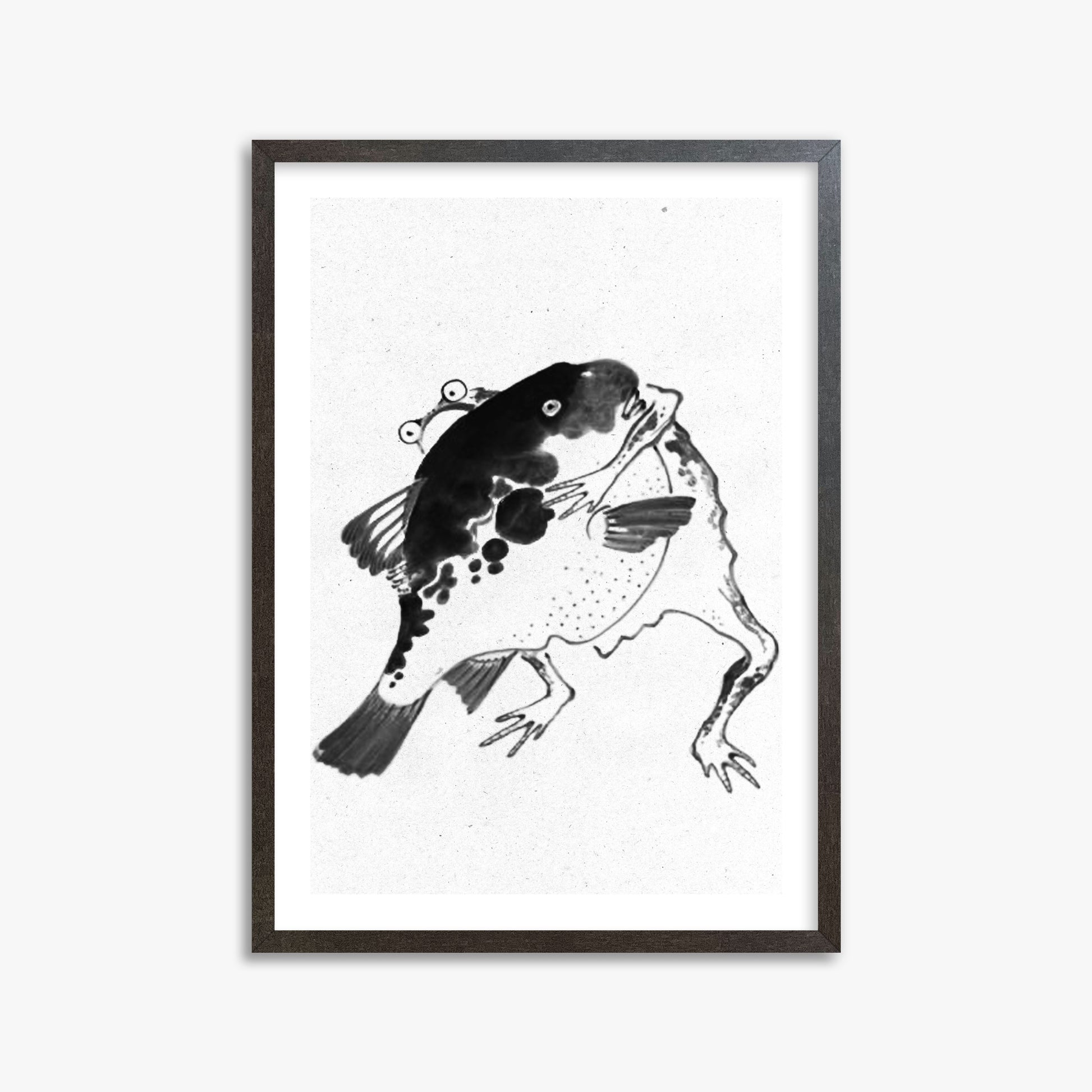 Itō Jakuchū: Toad and puffer fish sumo wrestlers - Monochrome-Style, 50x70cm Framed Art Reproduction With Espresso Frame