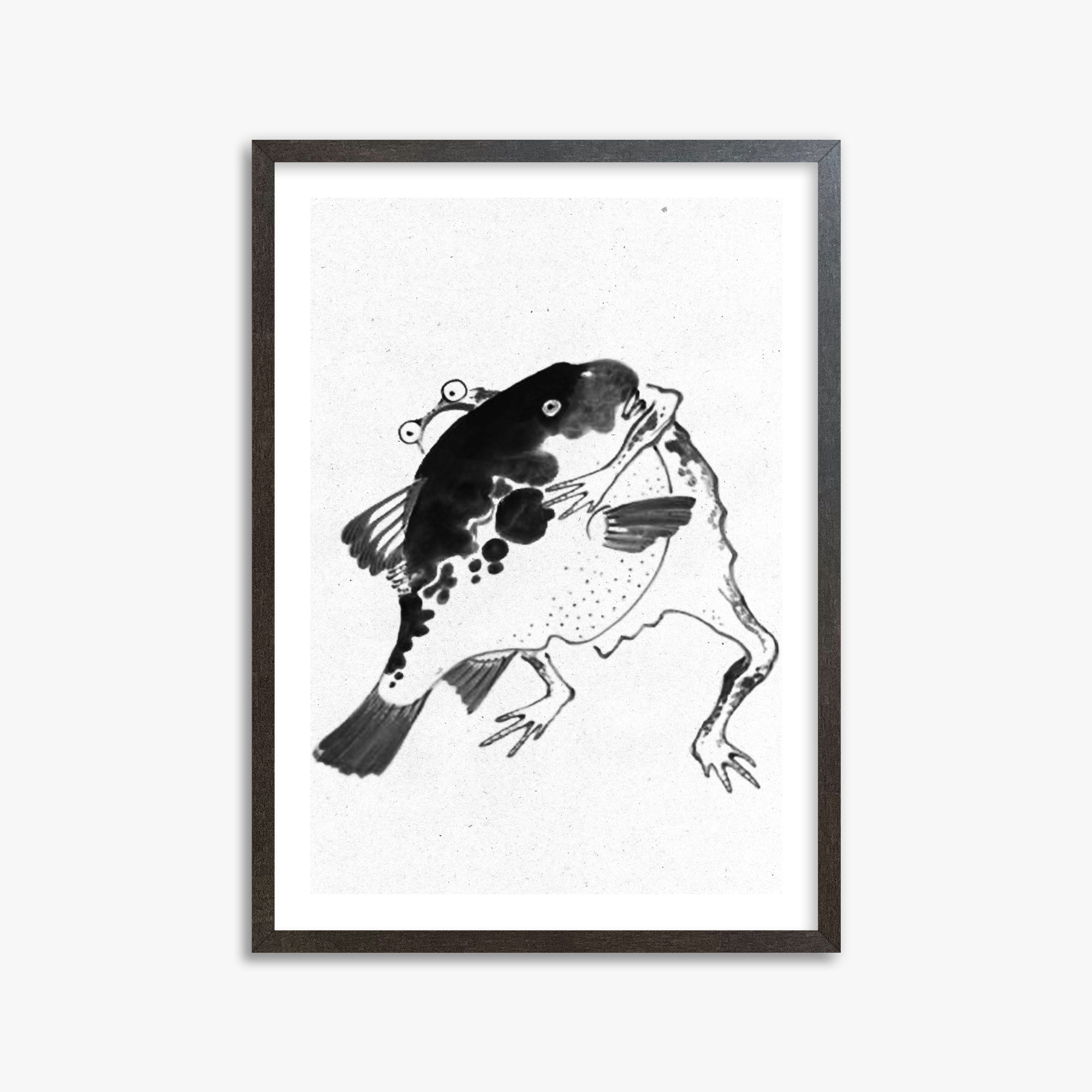 Itō Jakuchū: Toad and puffer fish sumo wrestlers - Monochrome-Style, 50x70cm Framed Art Reproduction With Espresso Frame