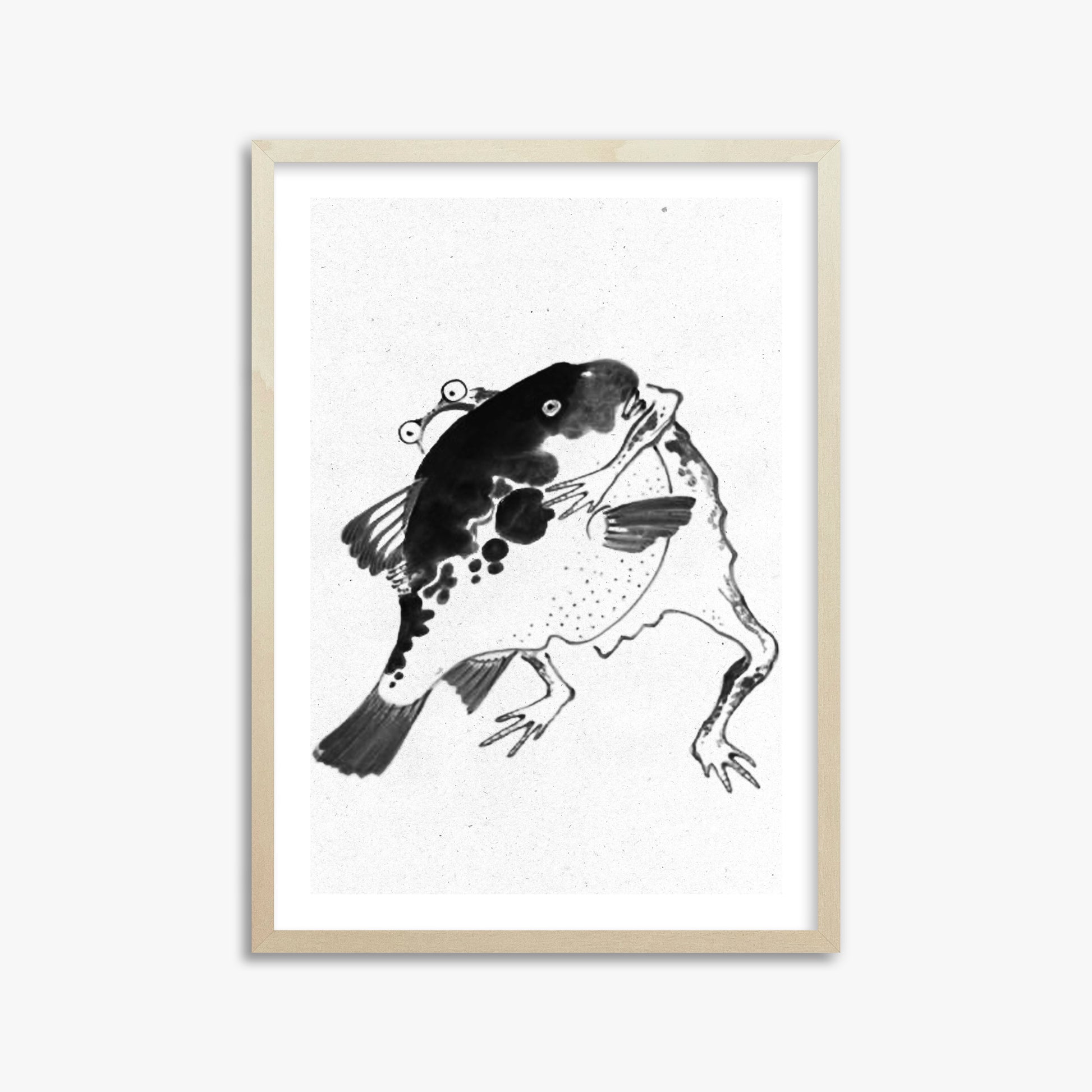 Itō Jakuchū: Toad and puffer fish sumo wrestlers - Monochrome-Style, 50x70cm Framed Art Reproduction With Lime Wood Frame