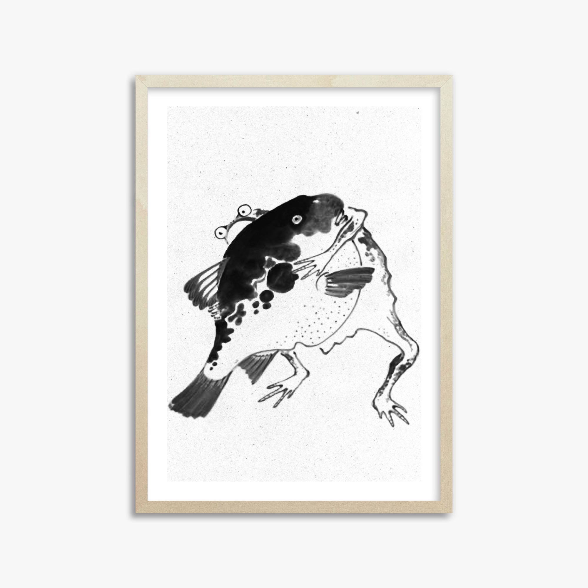 Itō Jakuchū: Toad and puffer fish sumo wrestlers - Monochrome-Style, 50x70cm Framed Art Reproduction With Lime Wood Frame