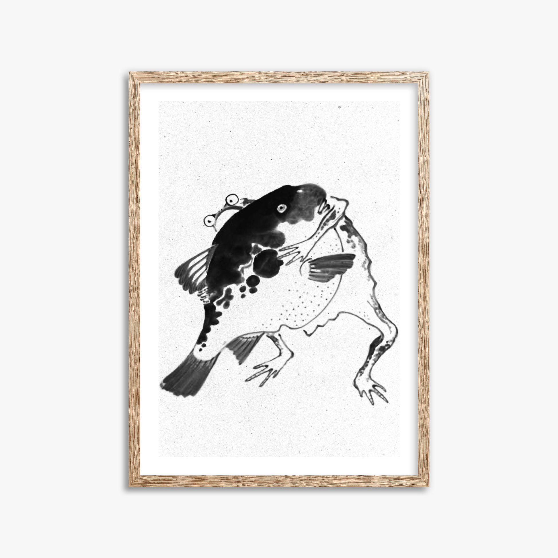 Itō Jakuchū: Toad and puffer fish sumo wrestlers - Monochrome-Style, 50x70cm Framed Art Reproduction With Raw Oak Frame
