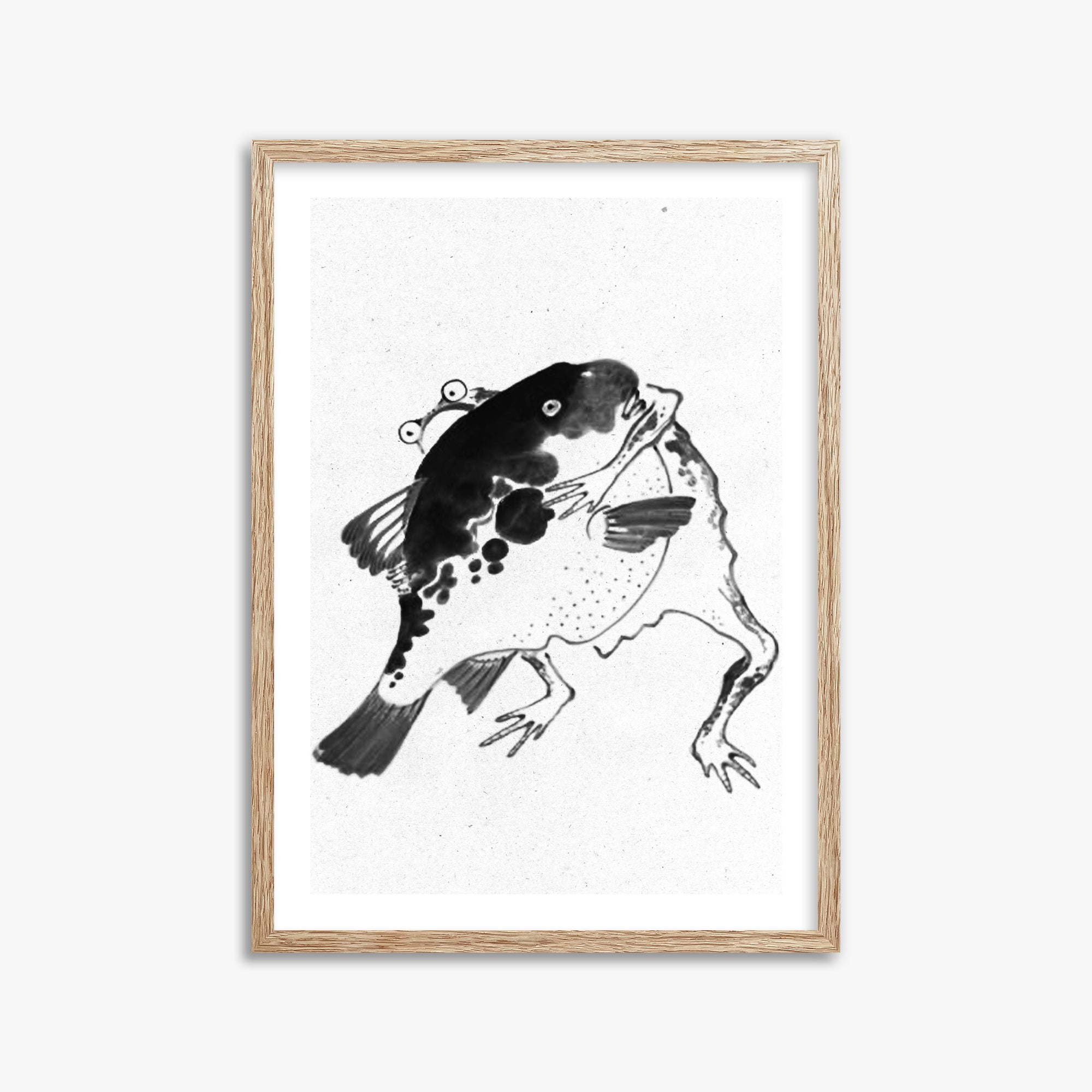 Itō Jakuchū: Toad and puffer fish sumo wrestlers - Monochrome-Style, 50x70cm Framed Art Reproduction With Raw Oak Frame