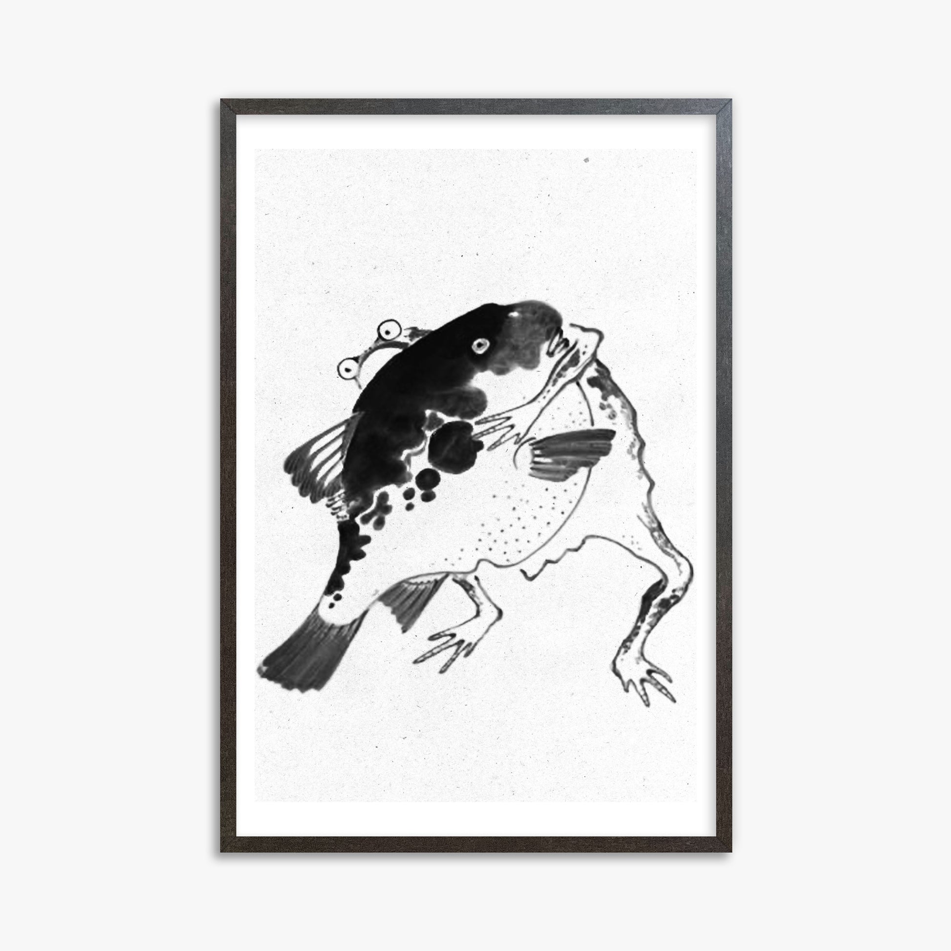 Itō Jakuchū: Toad and puffer fish sumo wrestlers - Monochrome-Style, 61x91cm Framed Art Reproduction With Espresso Frame