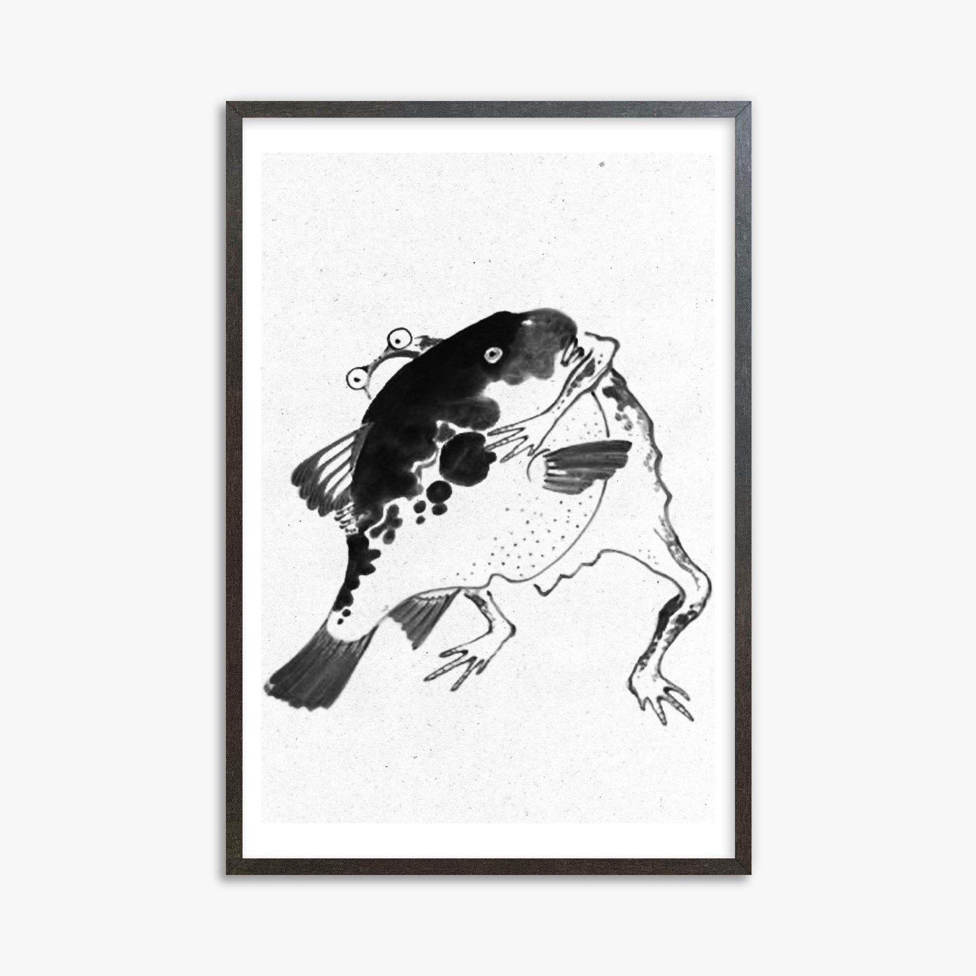Itō Jakuchū: Toad and puffer fish sumo wrestlers - Monochrome-Style, 61x91cm Framed Art Reproduction With Espresso Frame