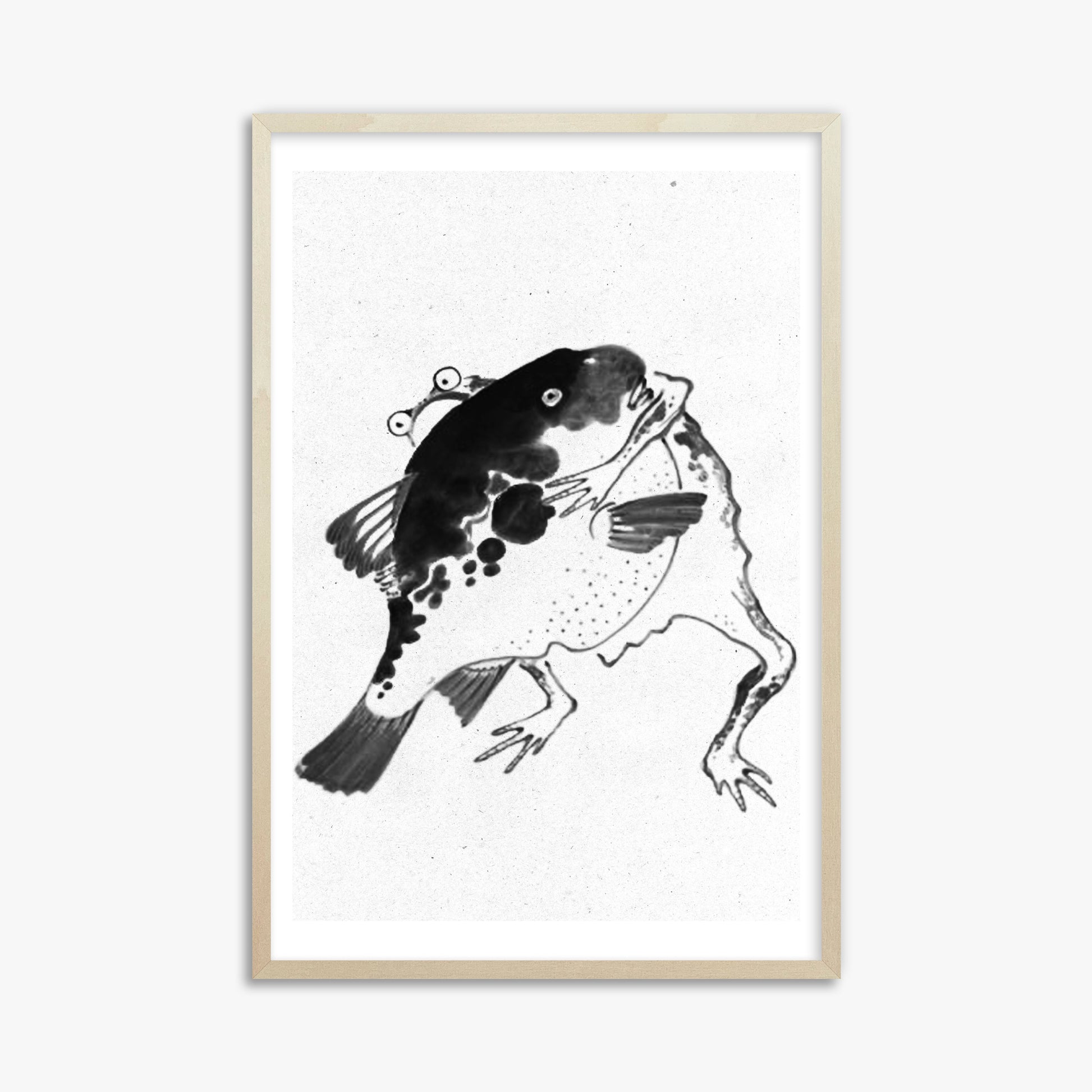 Itō Jakuchū: Toad and puffer fish sumo wrestlers - Monochrome-Style, 61x91cm Framed Art Reproduction With Lime Wood Frame
