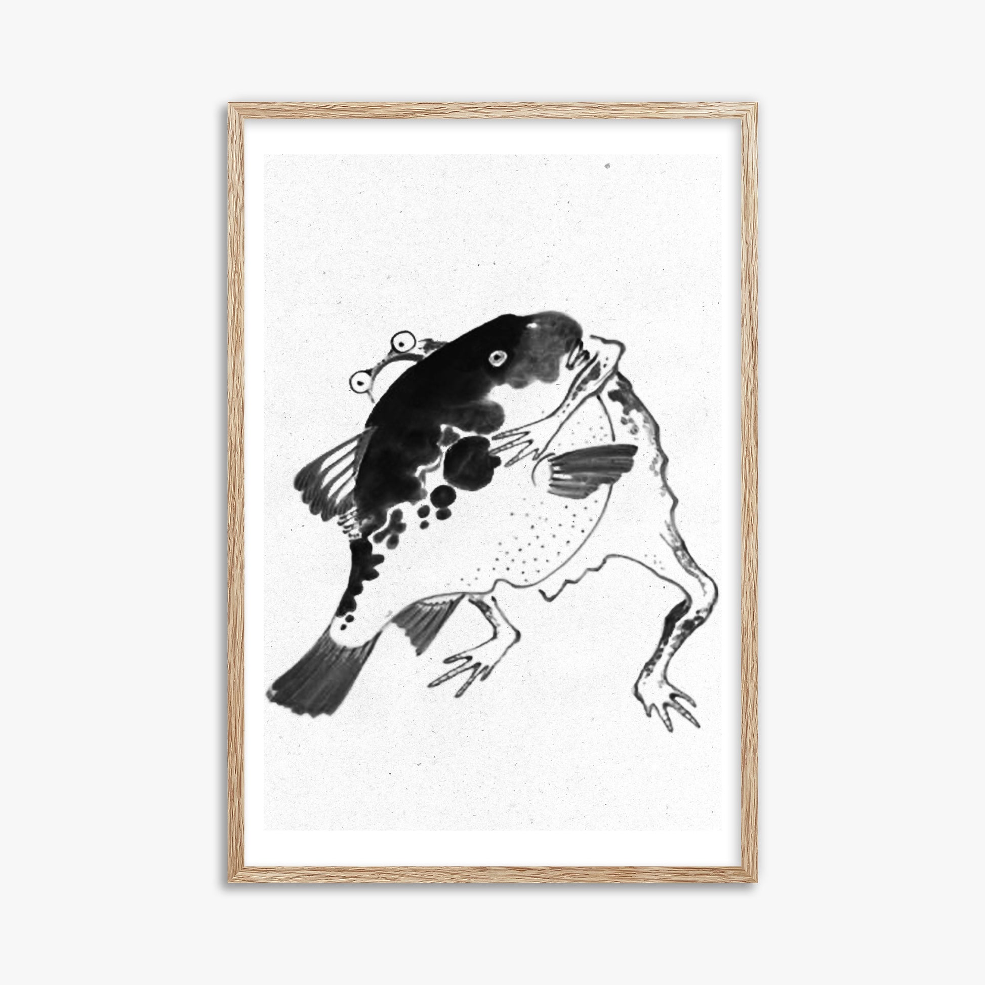 Itō Jakuchū: Toad and puffer fish sumo wrestlers - Monochrome-Style, 61x91cm Framed Art Reproduction With Raw Oak Frame