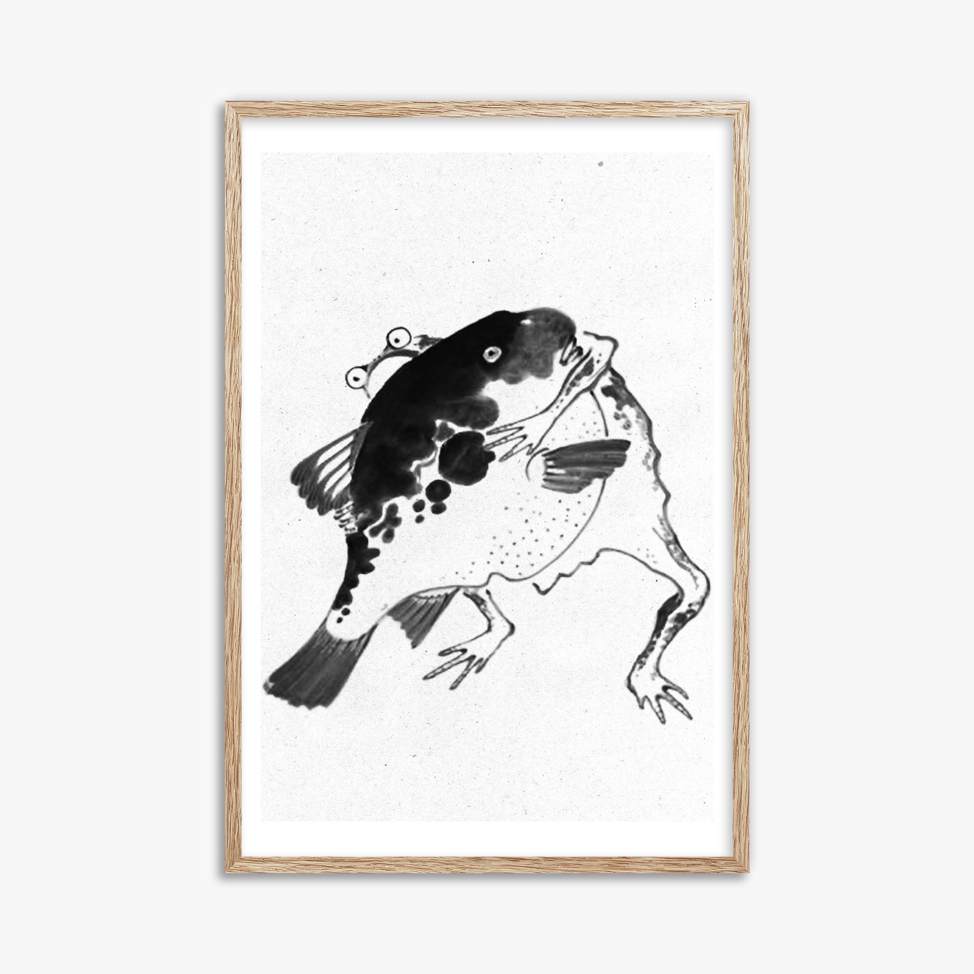 Itō Jakuchū: Toad and puffer fish sumo wrestlers - Monochrome-Style, 61x91cm Framed Art Reproduction With Raw Oak Frame