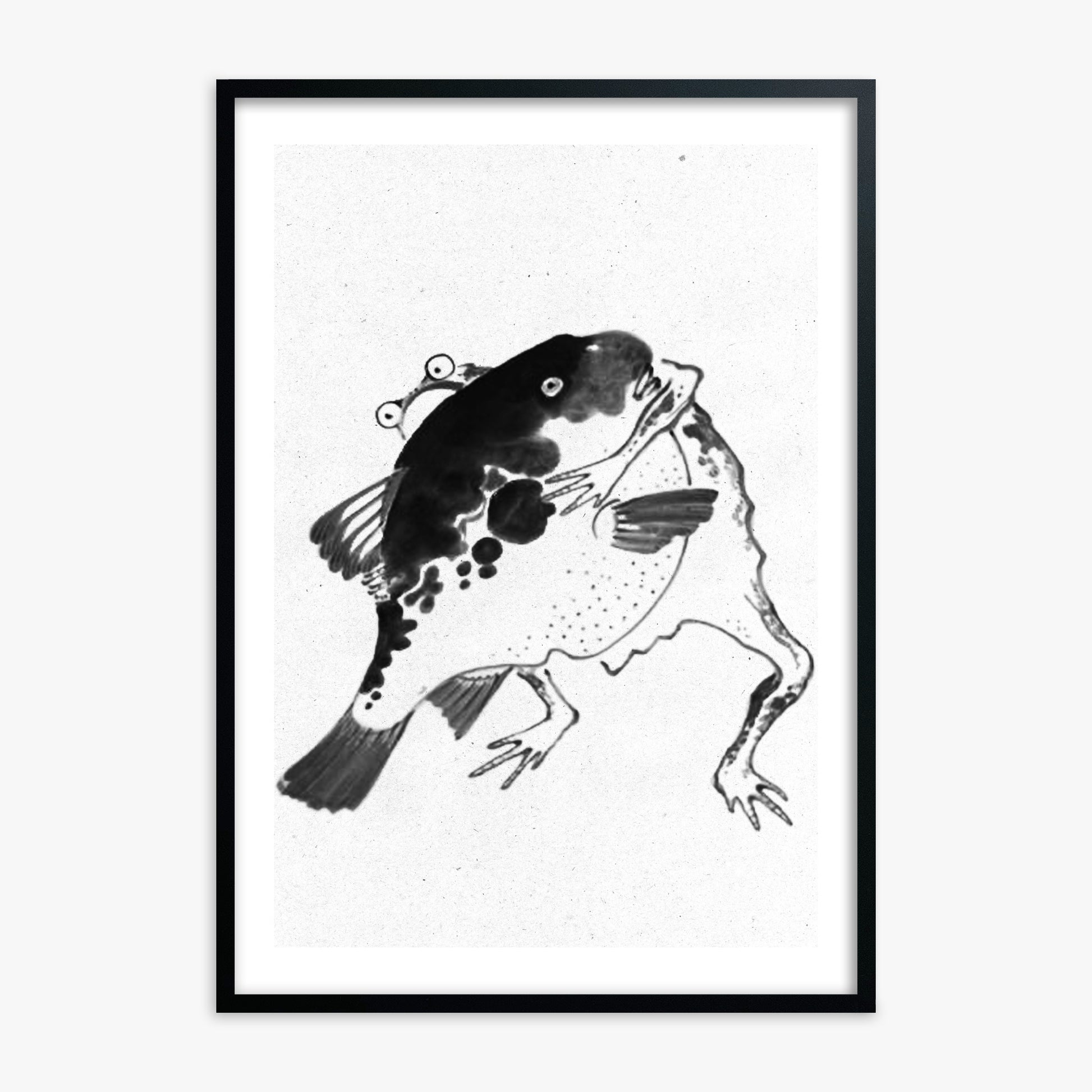 Itō Jakuchū: Toad and puffer fish sumo wrestlers - Monochrome-Style 50x70 cm Art Reproduction With Black Frame