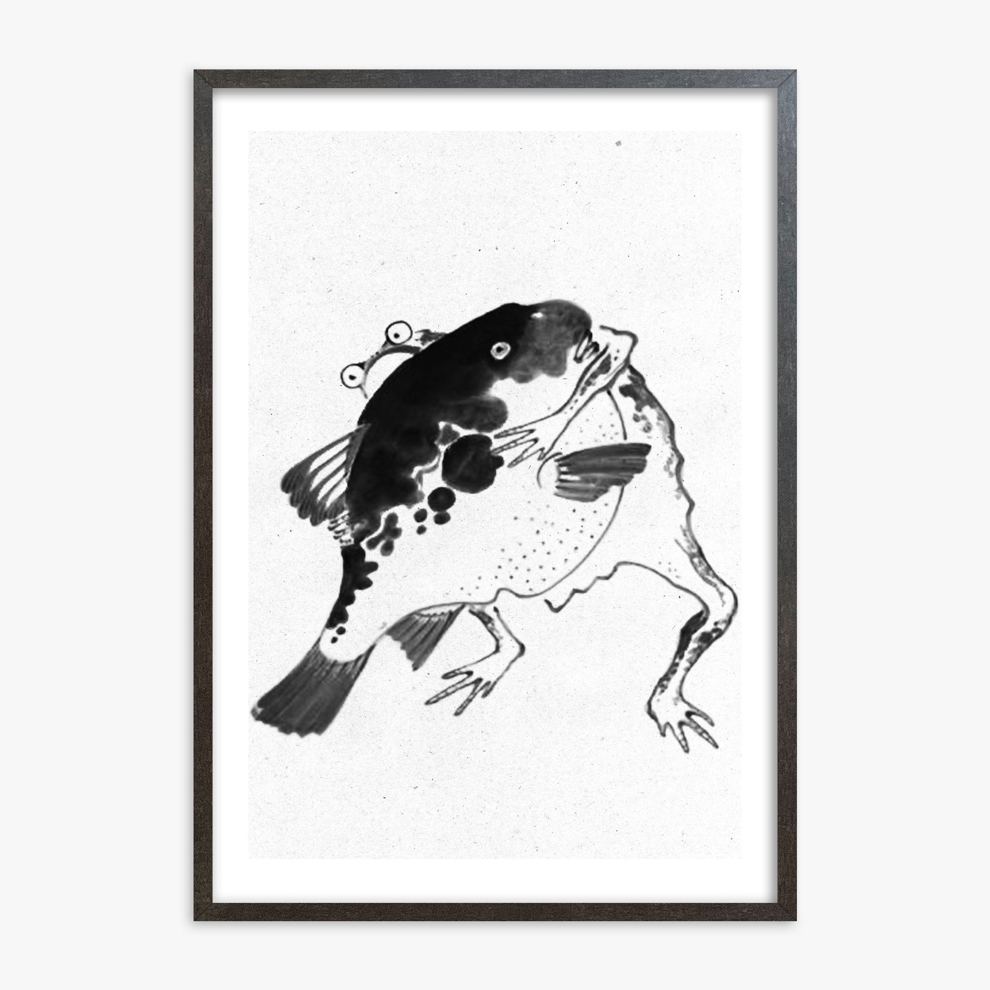 Itō Jakuchū: Toad and puffer fish sumo wrestlers - Monochrome-Style, 70x100cm Framed Art Reproduction With Espresso Frame